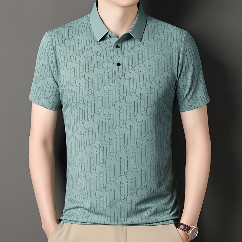 Men'S Casual Summer Short Sleeve T-Shirt with "Gil" Letter Print, Light Gray, Button-Up Collar, Medium Stretch Fabric, Regular Fit, Perfect for Weekend Outings, Relaxed Outing Shirt | Letter Print Tee | Medium Stretch Fabric