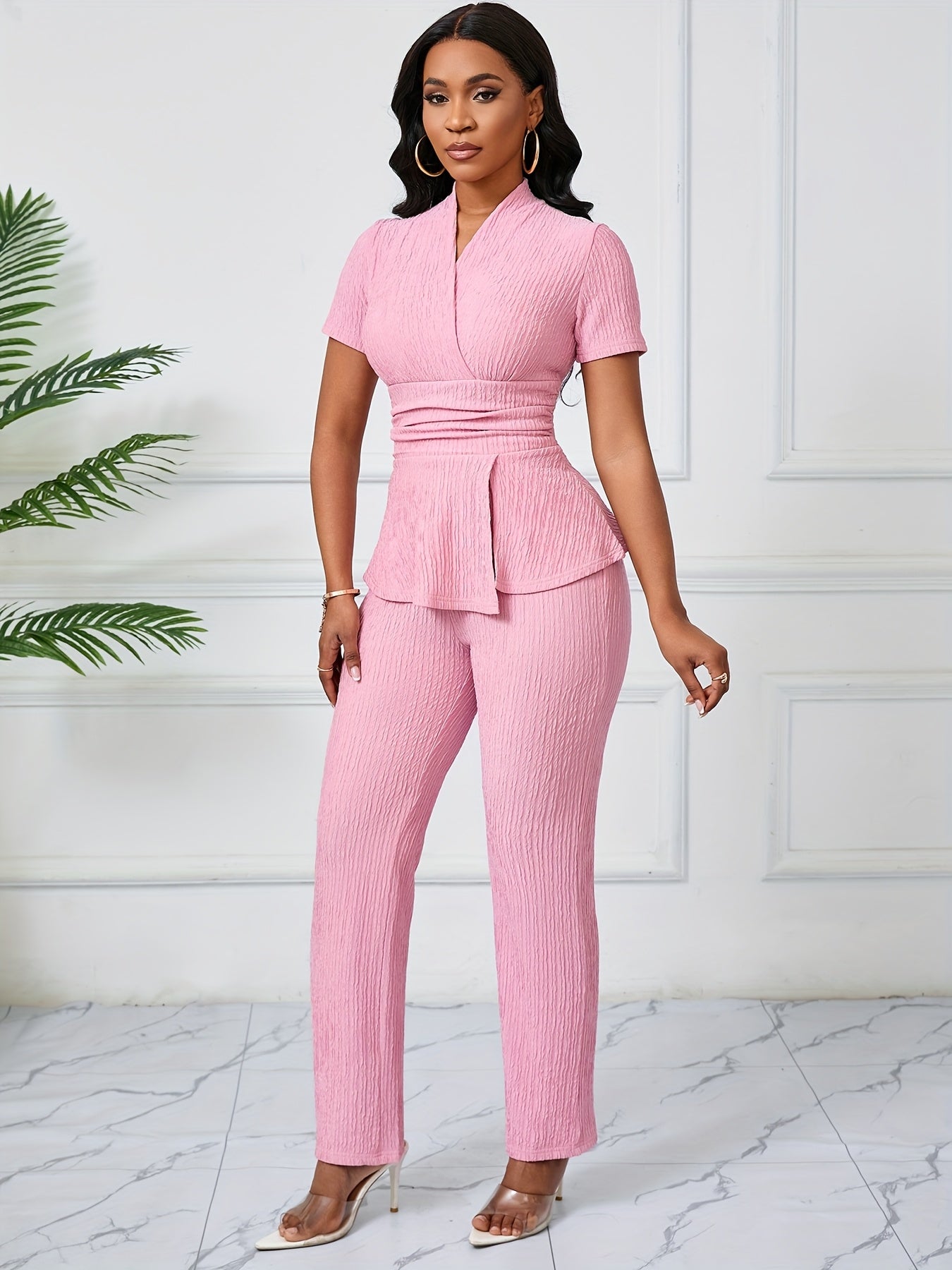 Women's Elegant Casual Solid Color Textured Pants Set