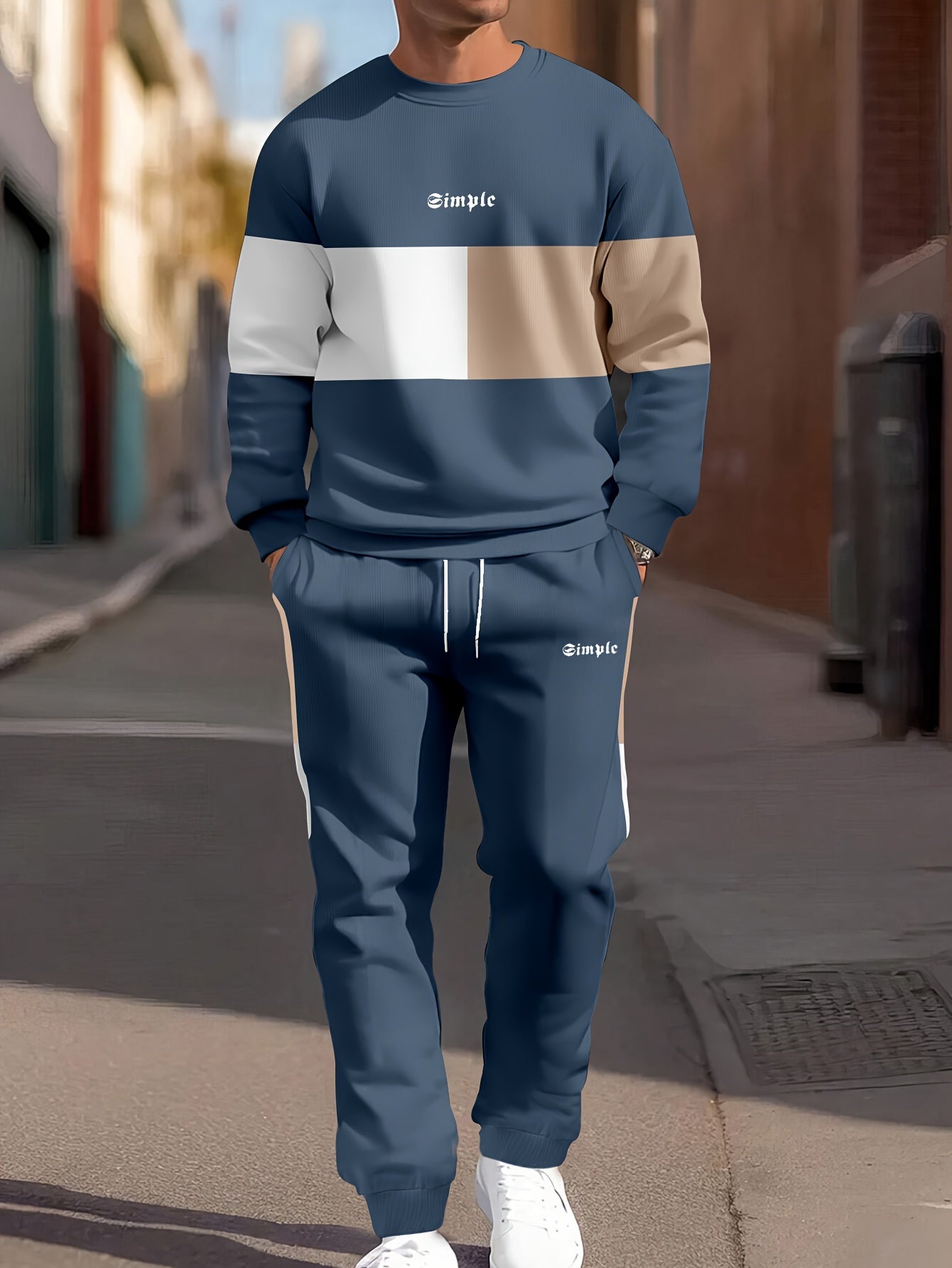 Men's Casual Crew Neck Sweatshirt & Joggers Set - Color Block, Polyester Blend, Machine Washable - Perfect for Spring/Fall, Leisure Style, Conventional Version, Spring/Autumn
