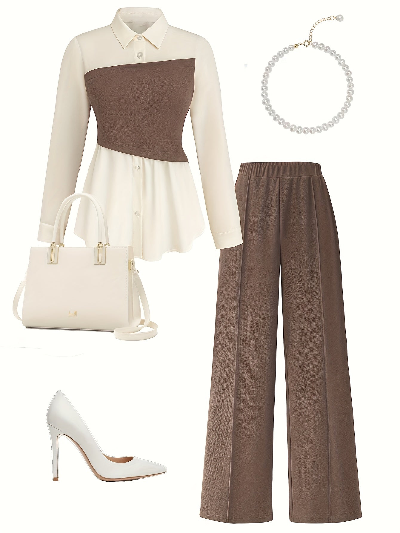 Elegant daily commuting two-piece set for ladies, featuring a color-blocked and pieced-together shirt and wide-leg trousers, suitable for all four seasons and machine washable.