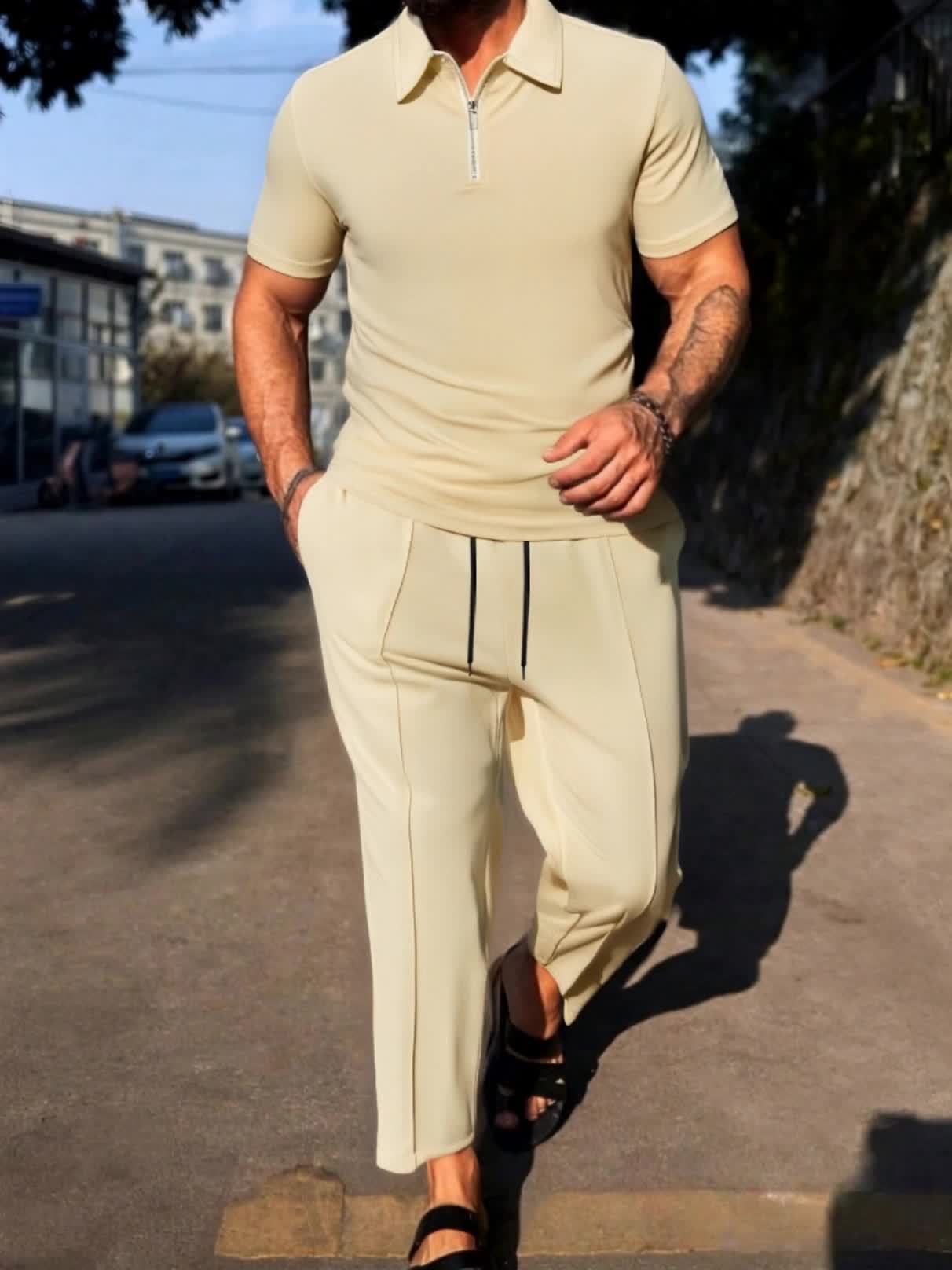 New Spring Fashion Casual Polo Shirt Zipper Men'S Casual Sports Long Pants Short Sleeve Two-Piece Set