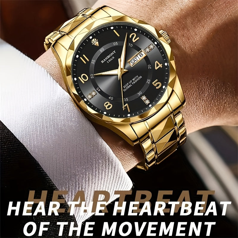 1 New BANBONY Brand Unisex Stainless Steel Quartz Watch with HD Scratch-Resistant Rhinestone-Embellished Simple Digital Round Dial, Luminous Display Date Calendar Battery-Powered Multifunctional Fully Automatic Wristwatch for