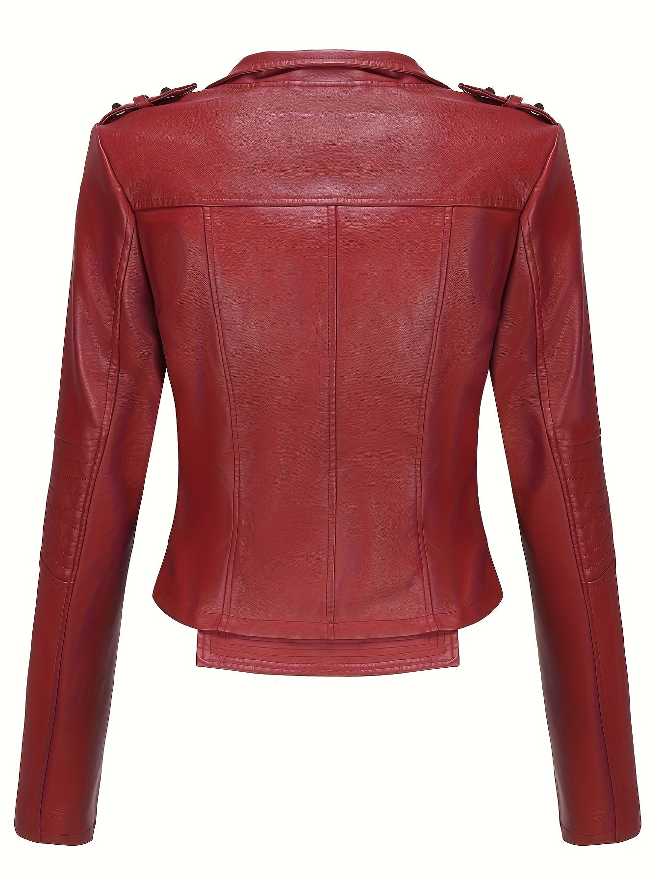 Women'S Casual Faux Leather Jacket, Solid Color, Long Sleeve, Regular Length, Fall/Winter, Zipper Placket, Woven, Non-Stretch Fabric, 100% Polyurethane, Lapel Collar, Dipped Hem Detail