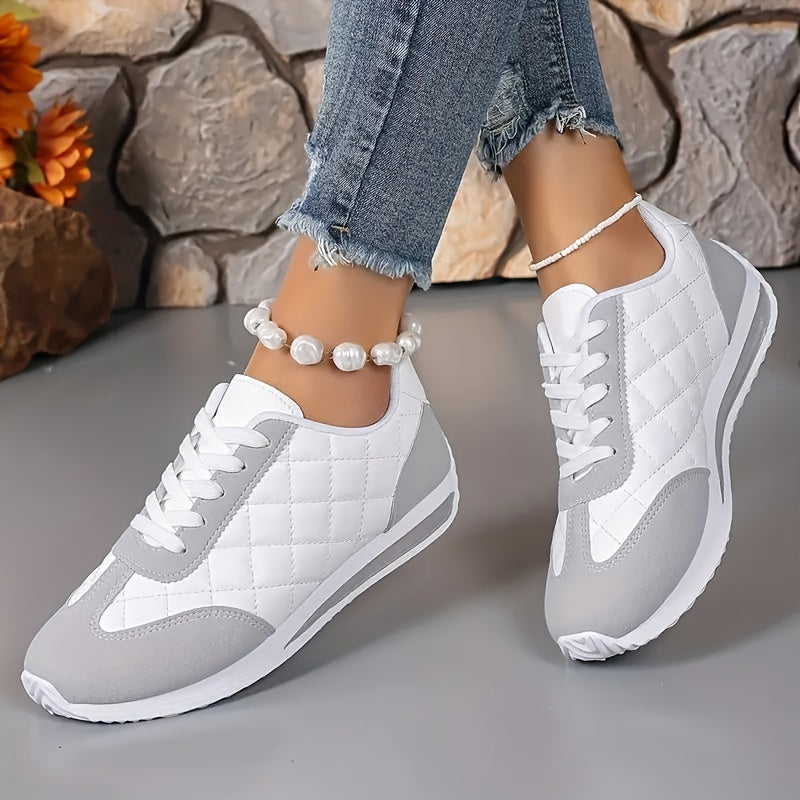 Women's Retro Athletic Sneakers - Lightweight, All-Season, Stability Support, Synthetic Leather Upper, Fabric Lining, TPR Sole, Quilted Design