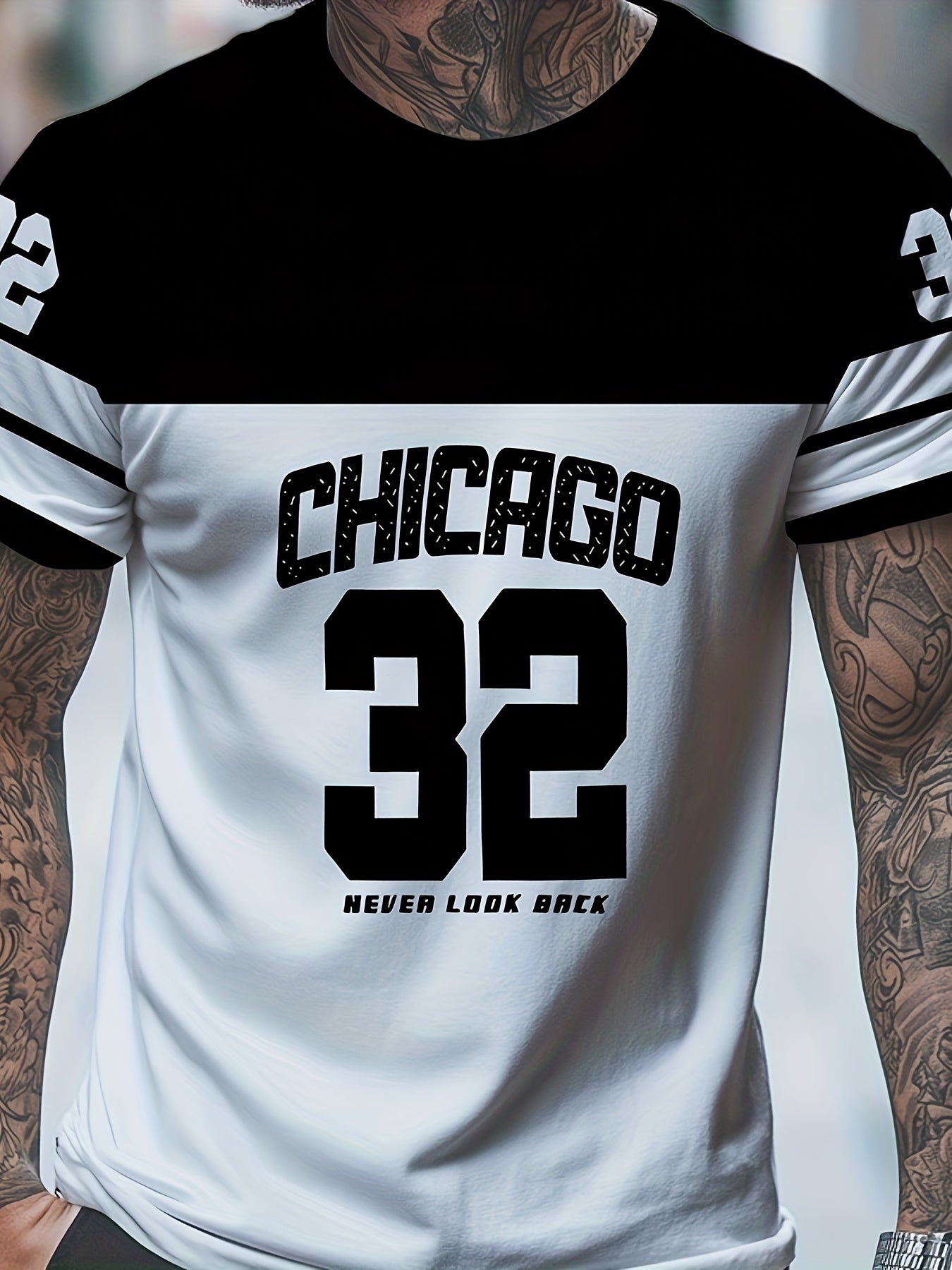OBM Men's Chicago 32 Graphic Print T-Shirt - 100% Polyester Casual Short Sleeve Tee with Bold Numerals, Machine Washable Summer Streetwear Top, Chicago T Shirt, Urban Style, Sporty Look, Durable Material, Urban Lifestyle