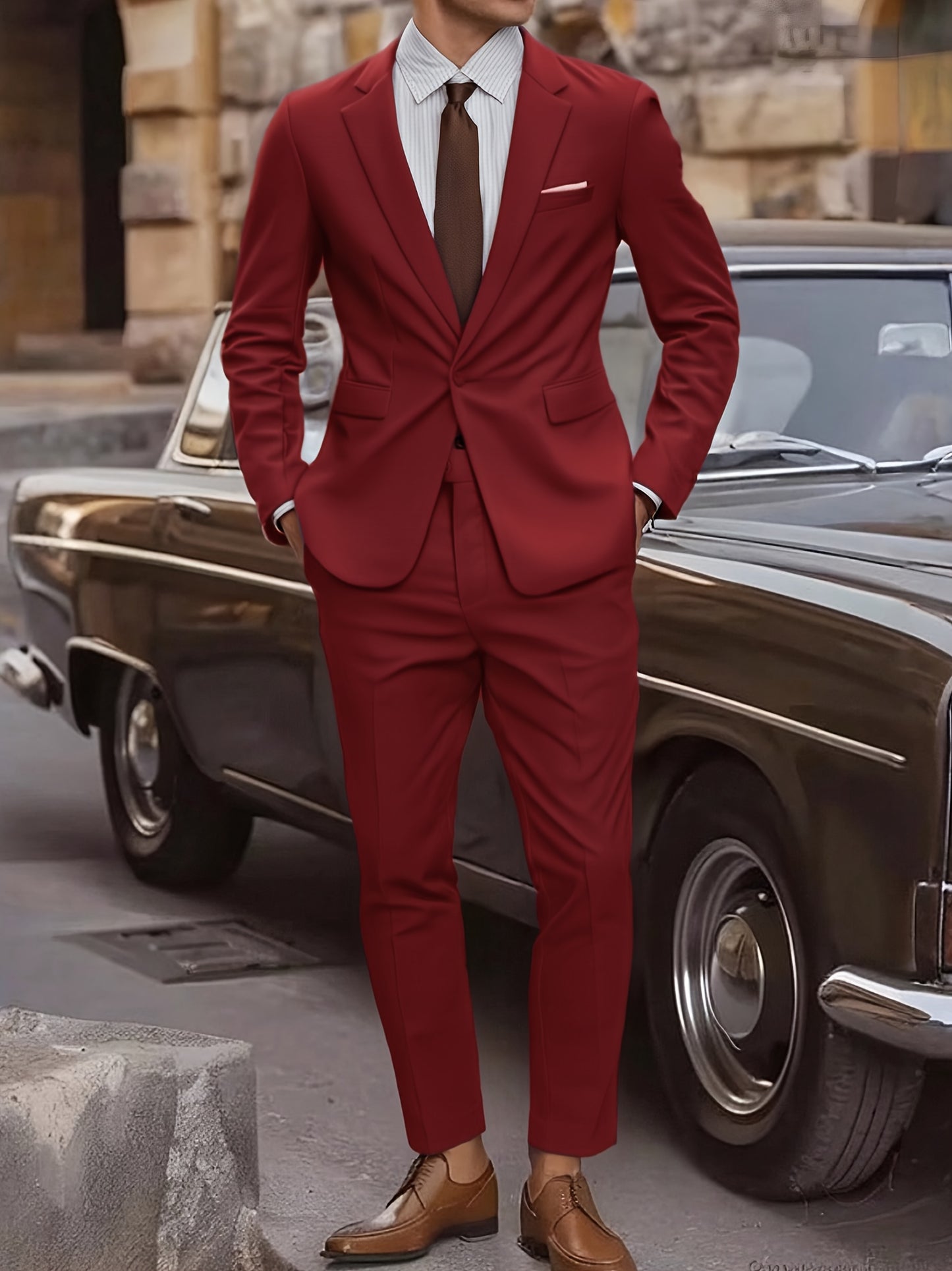 2pcs Men's Elegant Business Casual Suit Set - Includes Classic Lapel Blazer & Dress Pants, Polyester/Rayon Blend, with Pockets - Perfect for Weddings & Formal Occasions