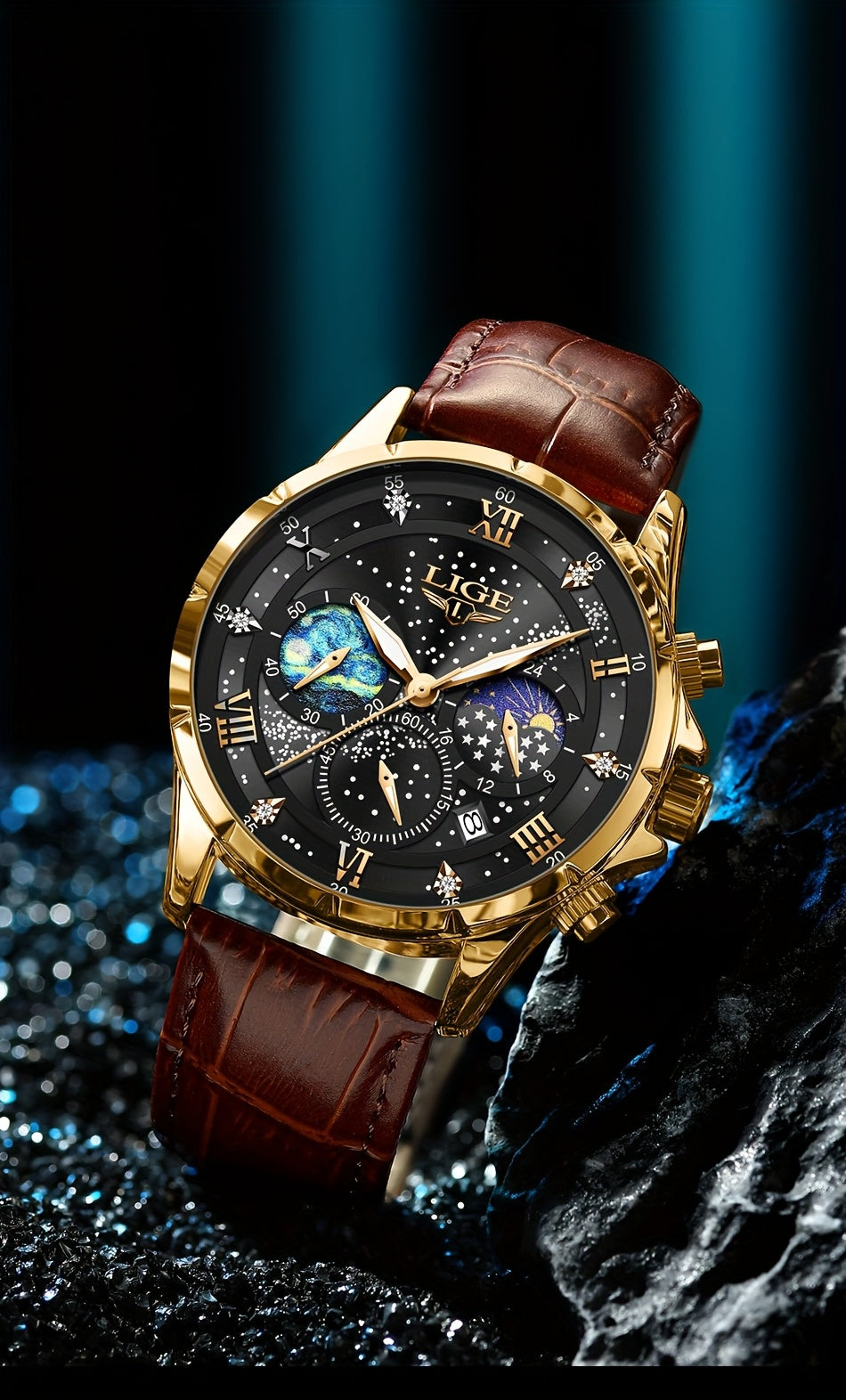 LIGE Luxury Quartz Chronograph Watch with Luminous Hands - Elegant Round Alloy Case, Blue Dial with Roman Numerals, Starry Night Design, Button Battery, Faux Leather Strap, Stylish Accessory|Starry Night Design|Luminous Hands