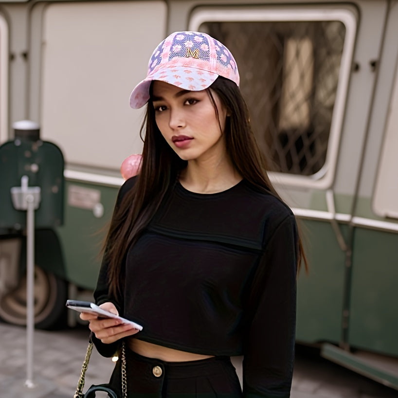 Women's Floral Lace Baseball Cap with Breathable Mesh Back & Embroidered 'M' Detail - Adjustable Snapback Closure, Lightweight Design for Valentine's Day, Casual Outings, City Travel, Outdoor Activities Hat, Embroidered Detai