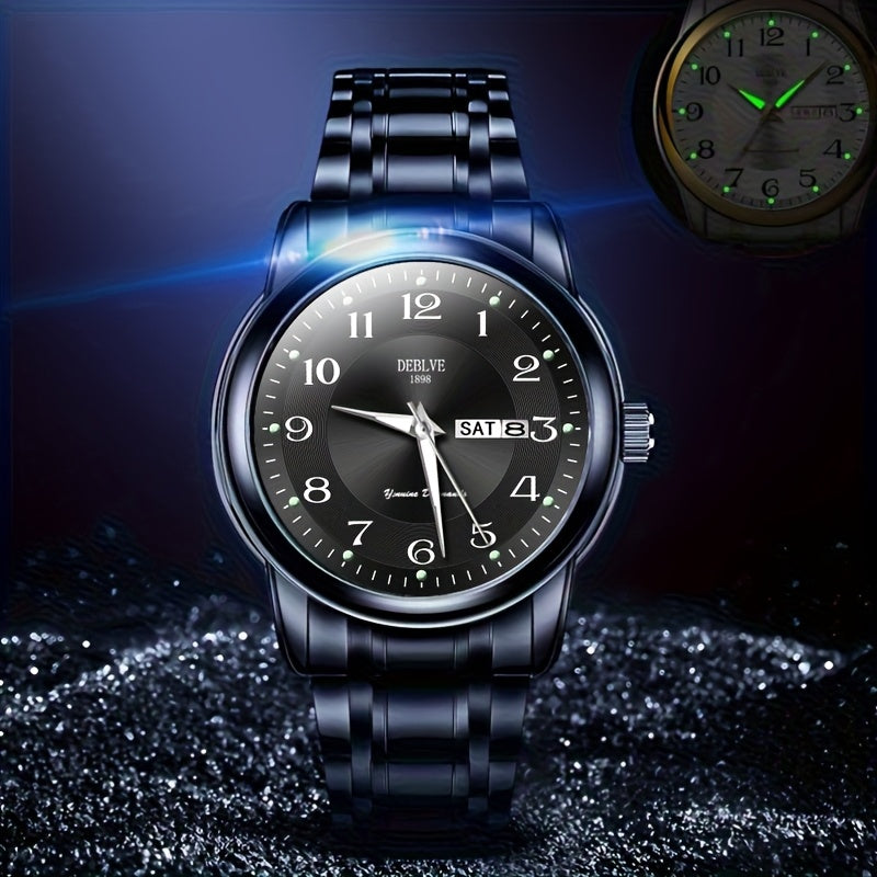 DEBLVE Men'S Fashionable Stainless Steel Watch with Luminous Numbers, Calendar & Week Display - Quartz Movement, Business Style, Ideal for Travel & Daily Use