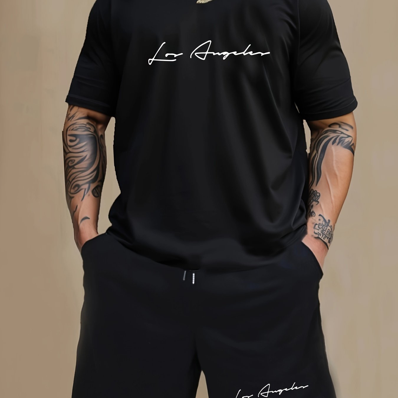 Men'S Casual 2pcs Set, Los Angeles Print, Short Sleeve Crew Neck T-Shirt & Knee-Length Shorts, Polyester & Spandex Blend, Comfortable Home Wear, All-Season Knit Fabric with Pockets, Regular Fit