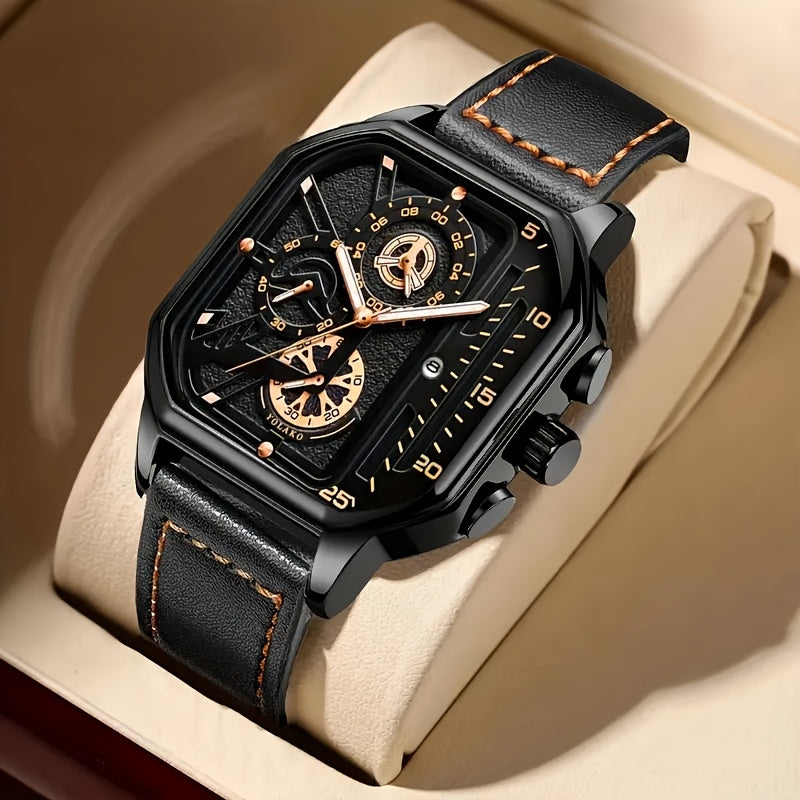 1pc Men'S Vintage Sports Chronograph Watch - Large Square Dial, Faux Leather Strap, Quartz Movement, Calendar Feature, Non-Waterproof Alloy Case, Battery Powered Electronic Drive, Ideal Gift for Him