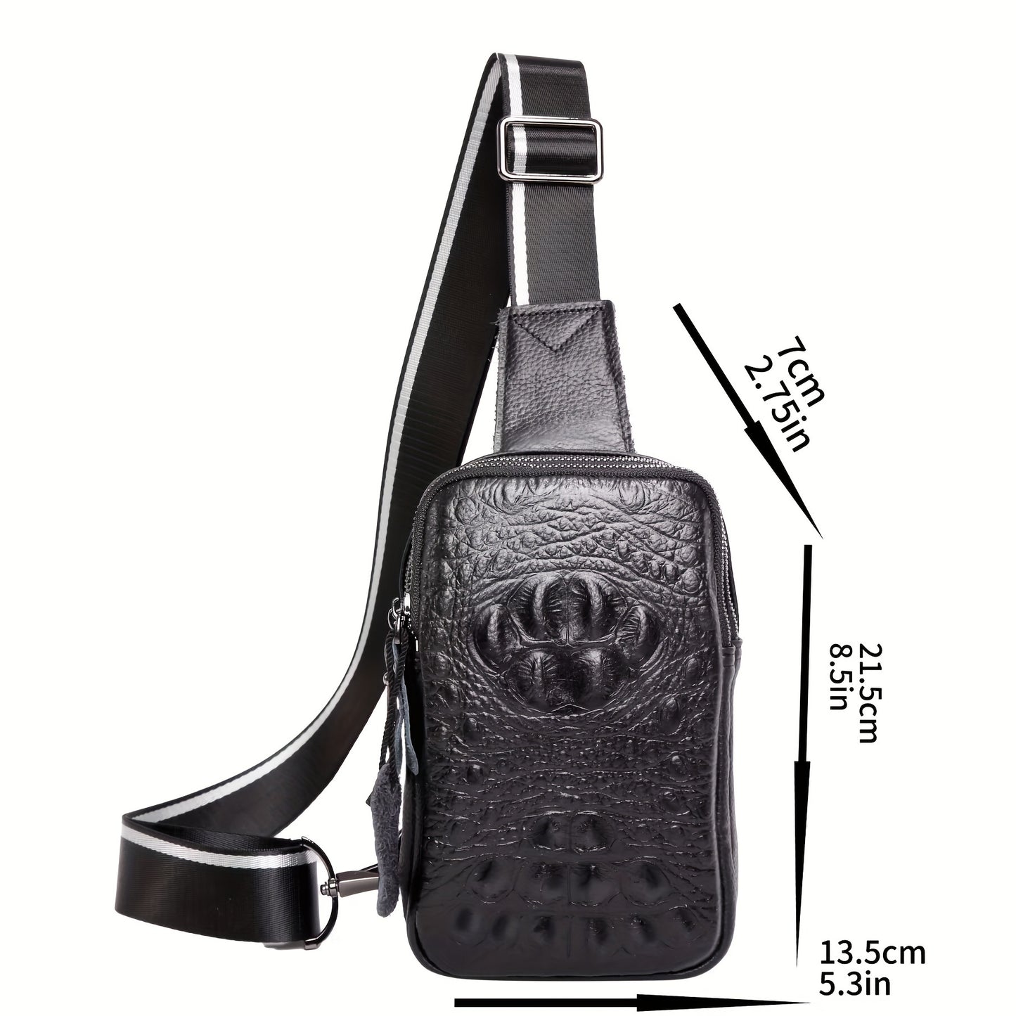 Men's Genuine Leather Crossbody Bag with Crocodile Pattern - Stylish Black Chest Bag for Casual Outings, Paw Print Design, Adjustable Strap, Perfect for Commuting or Travel, Small Crossbody Bag