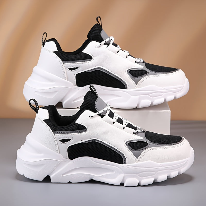 Men's Casual Athletic Sneakers, Lightweight Breathable Lace-Up EVA Sole Low-Top Sneakers, Black & White Color Block