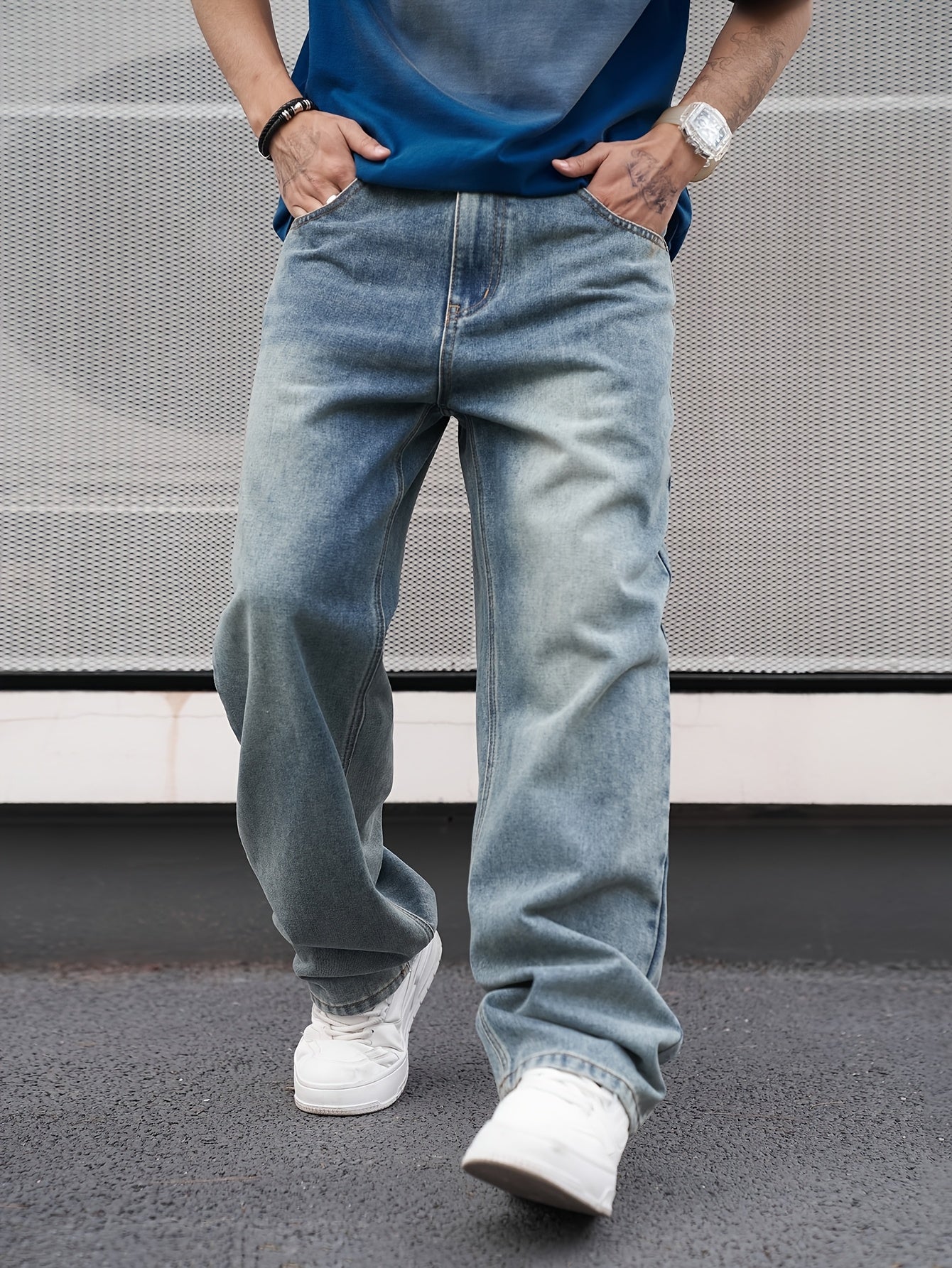 Men's Casual Straight-Leg Washed Denim Jeans - Light Blue, Loose Fit, Slant Pockets, Comfortable Blend for Casual Attire