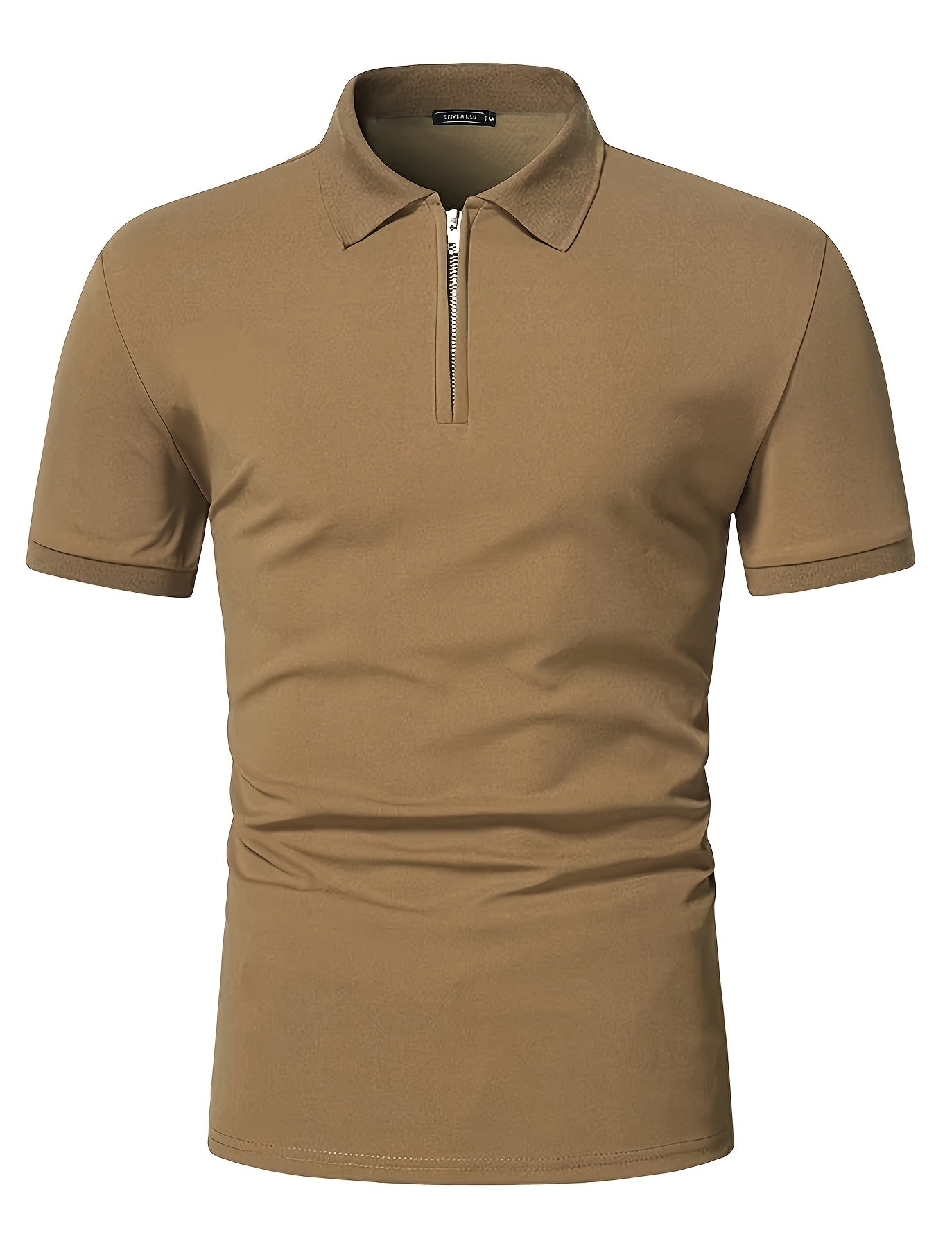 Casual Stretch Men's Solid Color Zipper Lapel Golf Shirt, Male Summer Streetwear