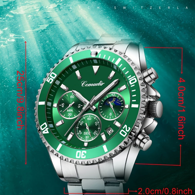 1pc New Fashion Stainless Steel Luxury Quartz Watch, High-end, Casual, Round Dial, Multi-scale, Night Light, Date Display, with Birthday, Holiday, Anniversary, for Men, Travel, Party