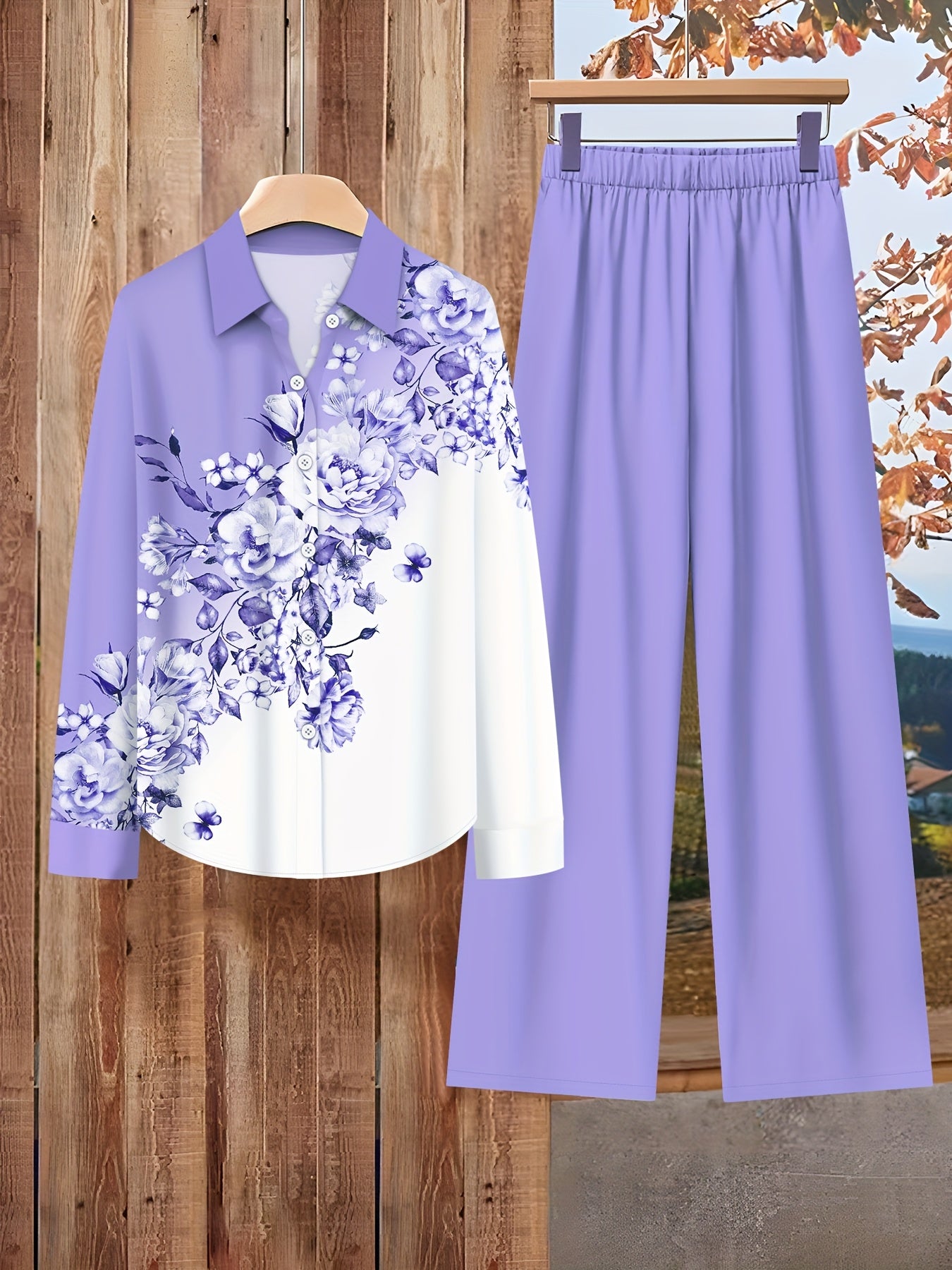 Women'S Elegant Set of Contrasting Floral Print Long-Sleeve Lapel Shirt Top And Solid Color Loose Pants Two-Piece Set
