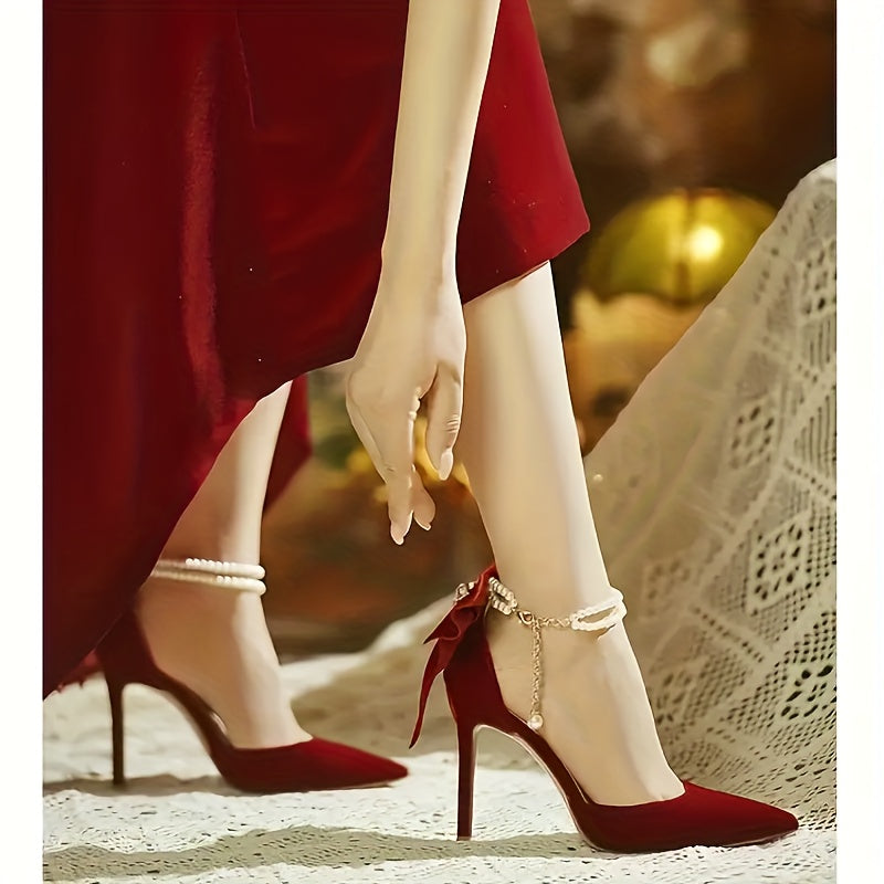 Women's Elegant Summer Evening Dress Shoes with Red Thin Heels, Bow Detail and Comfortable Fit with Insole Pair