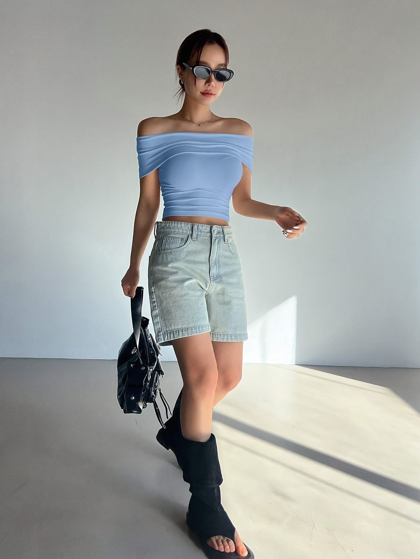 Chic Comfort| Elegant Women's Light Pink Off-Shoulder Ruched Crop Top - Slim Fit, Solid Color, Polyester & Elastane Blend, Machine Washable for Summer, Casual Wear|Chic Offshoulder Top|Delicate Texture