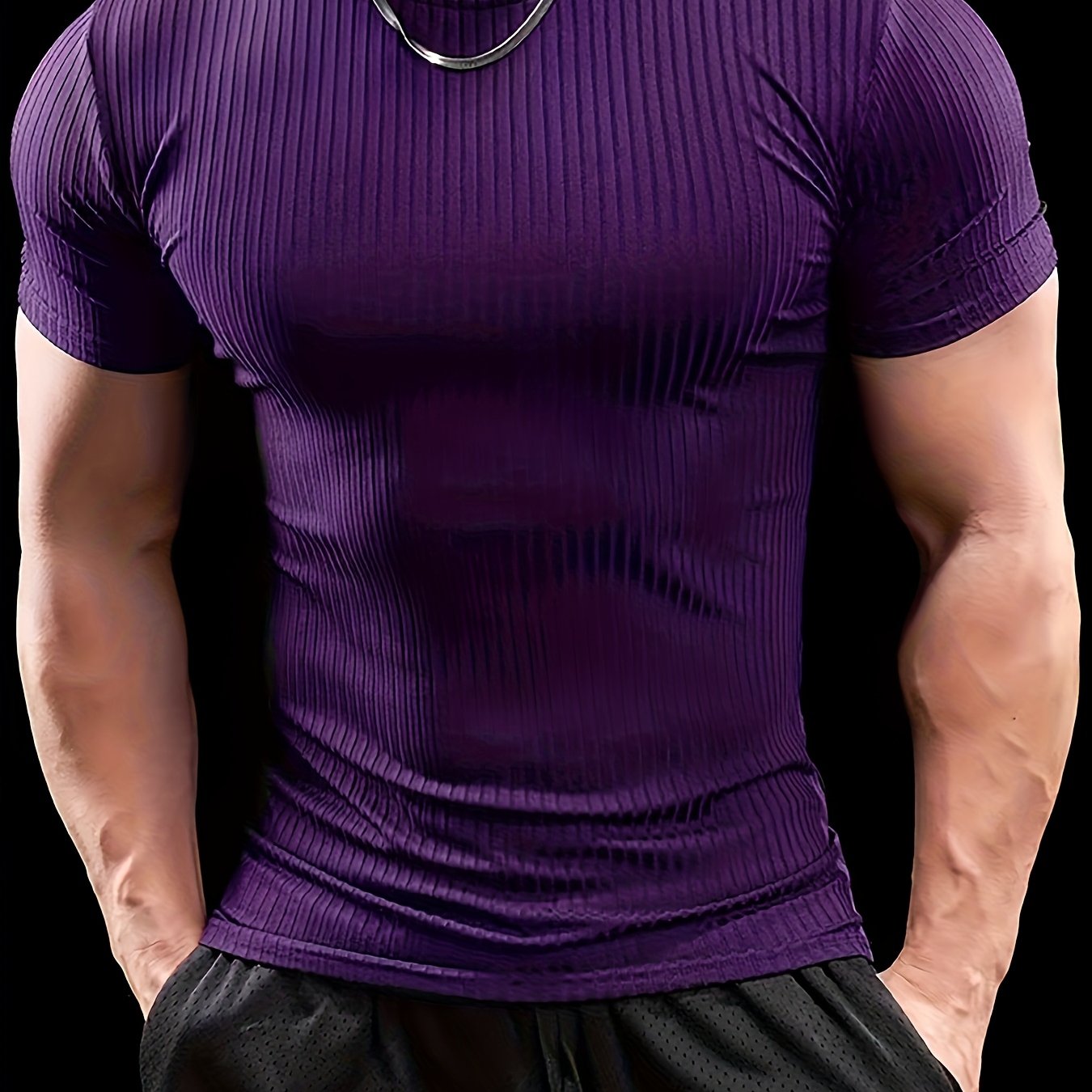 Men's Slim Fit Ribbed Short Sleeve T-Shirt - Stretchy Athletic & Casual Wear, Green, Round Neck, Machine Washable, Muscle-Enhancing Design, Gym Shirts