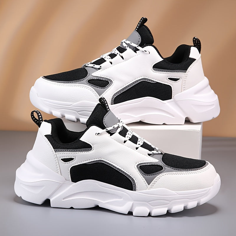 Men's Casual Athletic Sneakers, Lightweight Breathable Lace-Up EVA Sole Low-Top Sneakers, Black & White Color Block