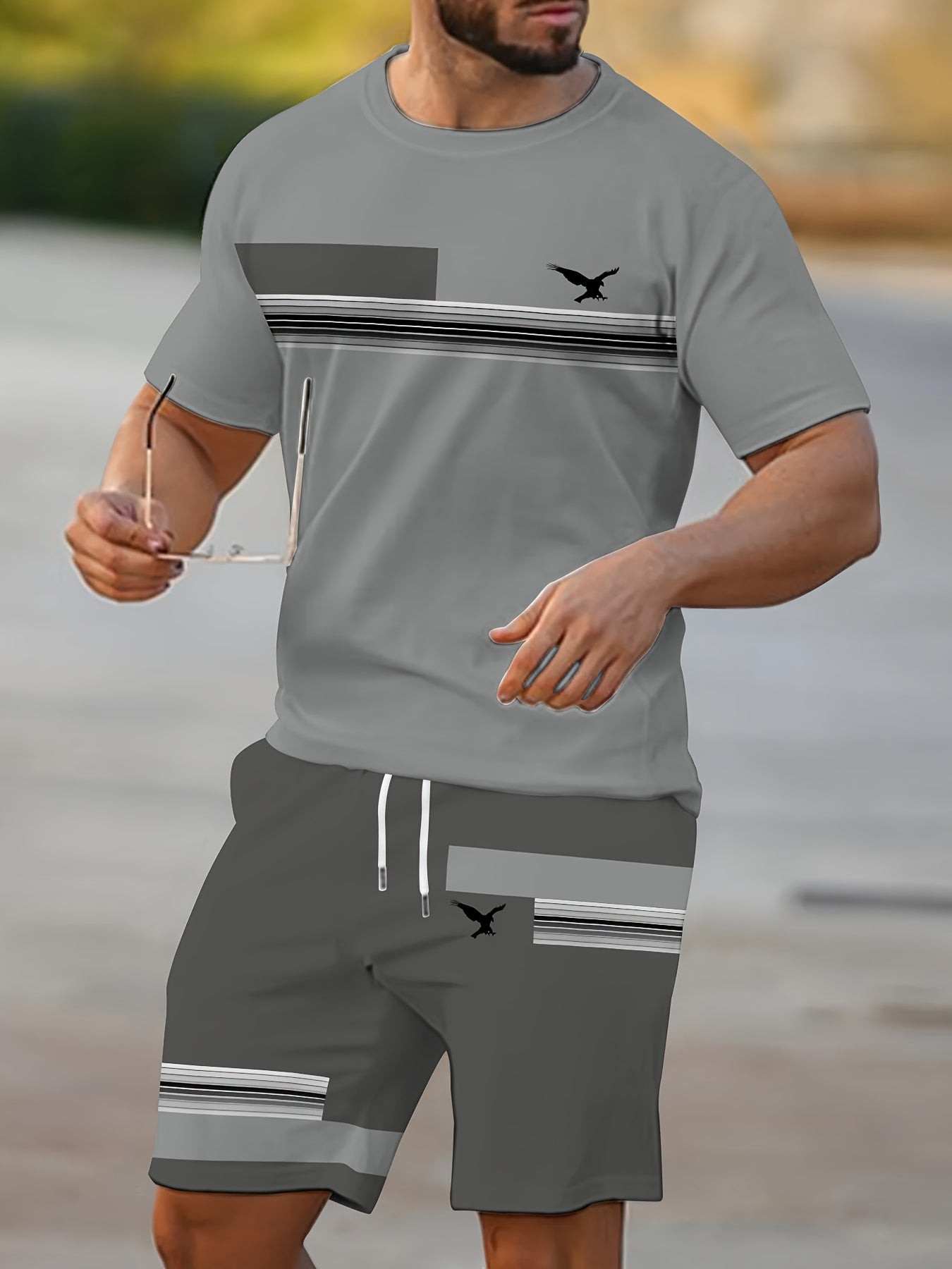 Men'S Casual Summer Two-Piece Athletic Wear Set - Light Blue T-Shirt with Green & White Stripes, Matching Shorts, Perfect for Daily Leisure, Vacation, and Sports, Casual Sportswear | Relaxed Fit Shorts | Stretchable Fabric
