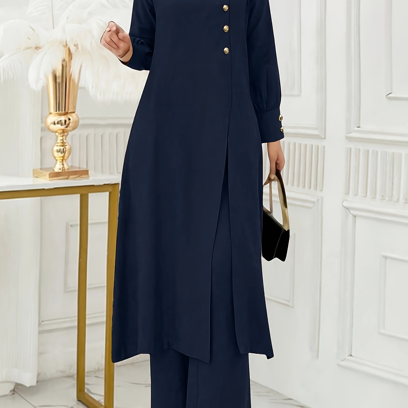 Ramadan, Women's Front-Button Long Sleeve Slit Dress & Pants Casual Arabic Style 2pcs Set, Only Clothes, Without Headscarf