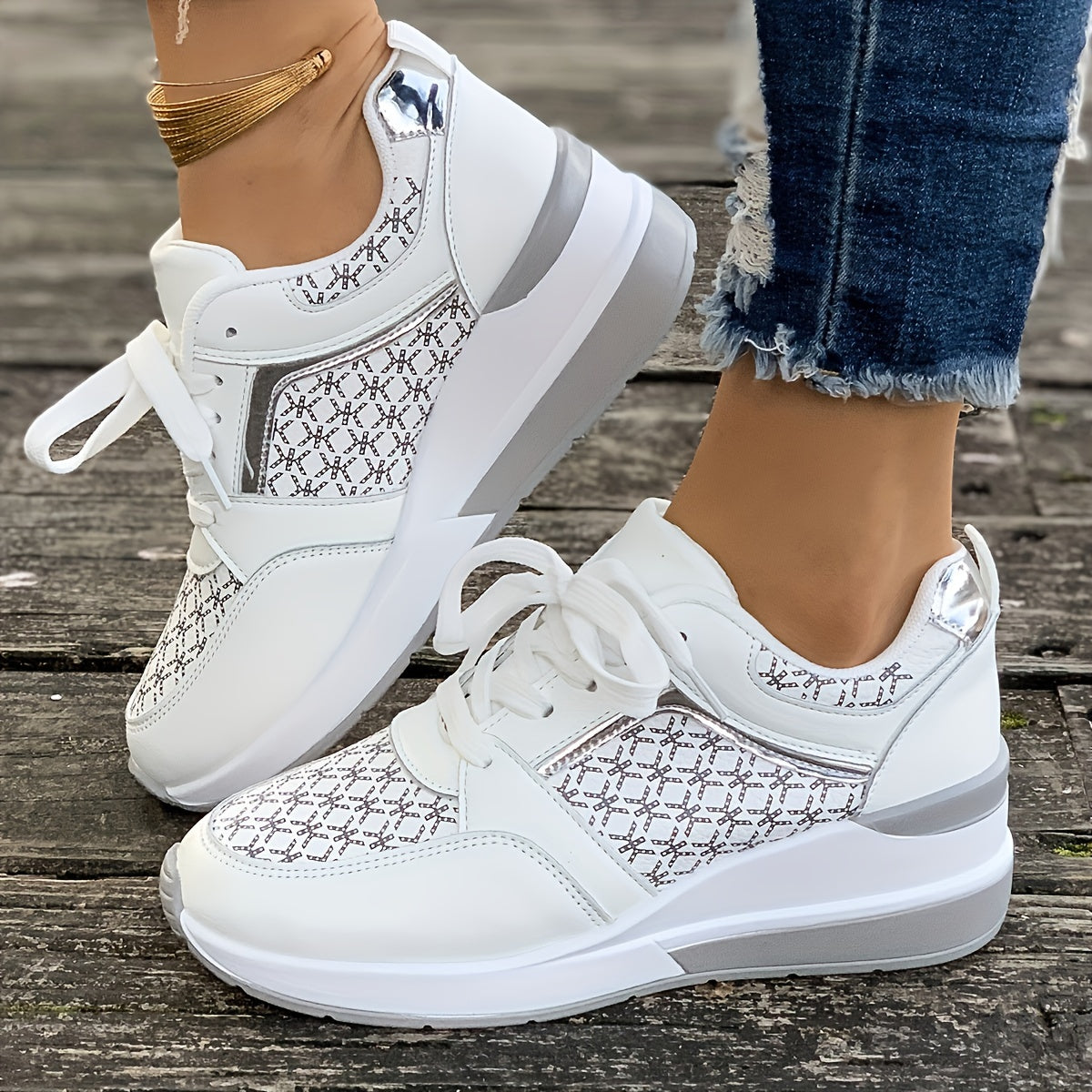 Women'S Plus Size Casual Sneakers - White Synthetic Cover Low-Top Lace-Up Shoes with Golden-Tone Accents, EVA Sole & Breathable Fabric Lining for Summer Comfort, Ladies Sneakers, Comfortable Footwear, Durable Footwear