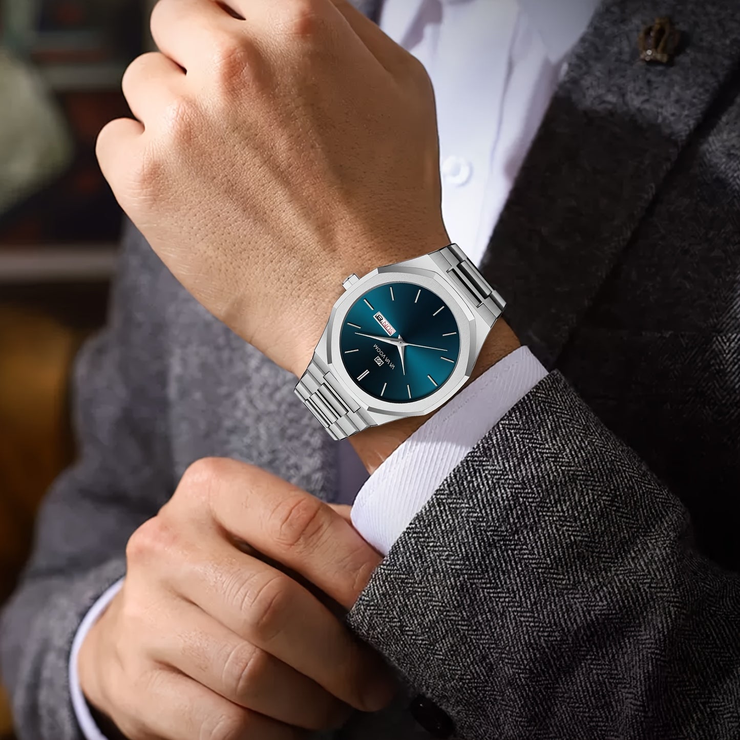 1pc Men'S Luxury Business Style Watch - Blue & Golden Stainless Steel, 42mm, Dual Calendar Quartz Movement, VA VOOM Brand, Outdoor Sports & Leisure Gift, Outdoor Sports Watch | Elegant Watch Design | Quartz Watch Movement, Lu