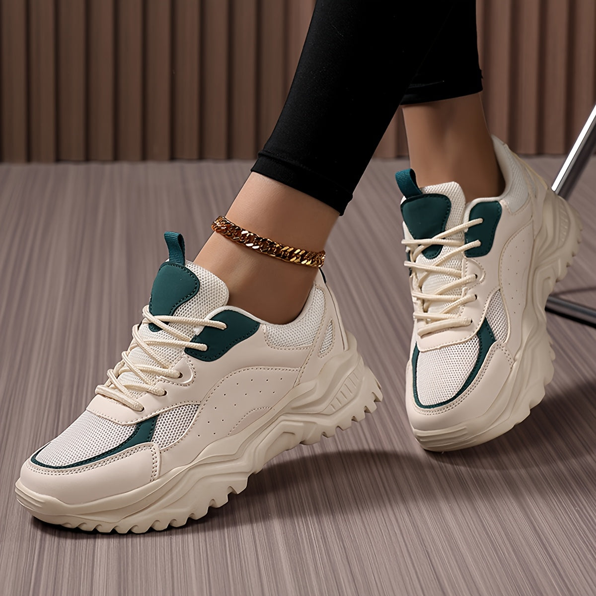 Women's Lightweight Chunky Sneakers - Versatile Korean Style Dad Shoes with Thick Sole, Breathable Mesh Upper, Casual Lace-Up Athletic Footwear in White, Green/White, and Black/Pink