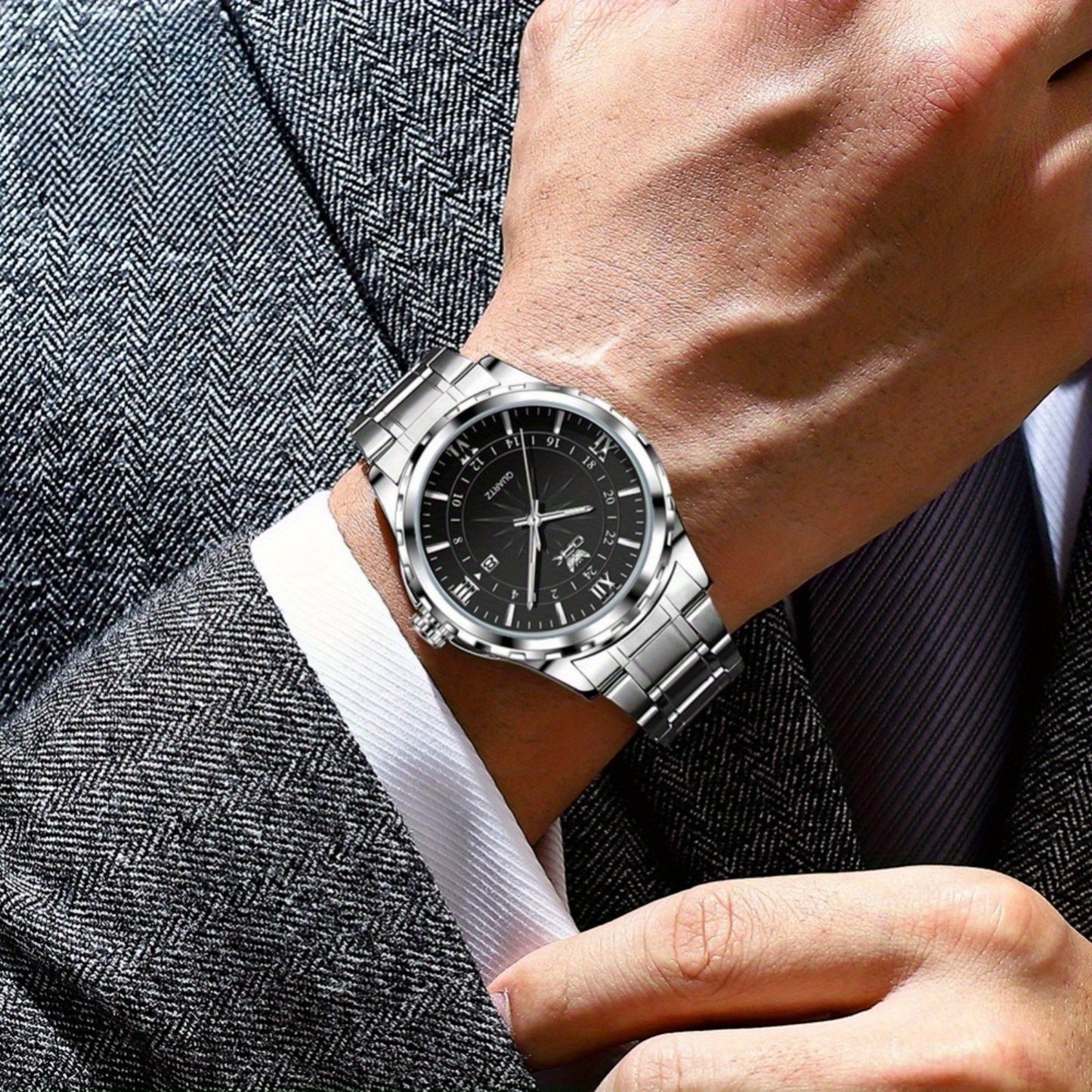 Elegant Luxury Men's Watch with Night Light, Roman Numerals & Date Display - Quartz Movement Stainless Steel Band for Business Casual & Formal Occasions