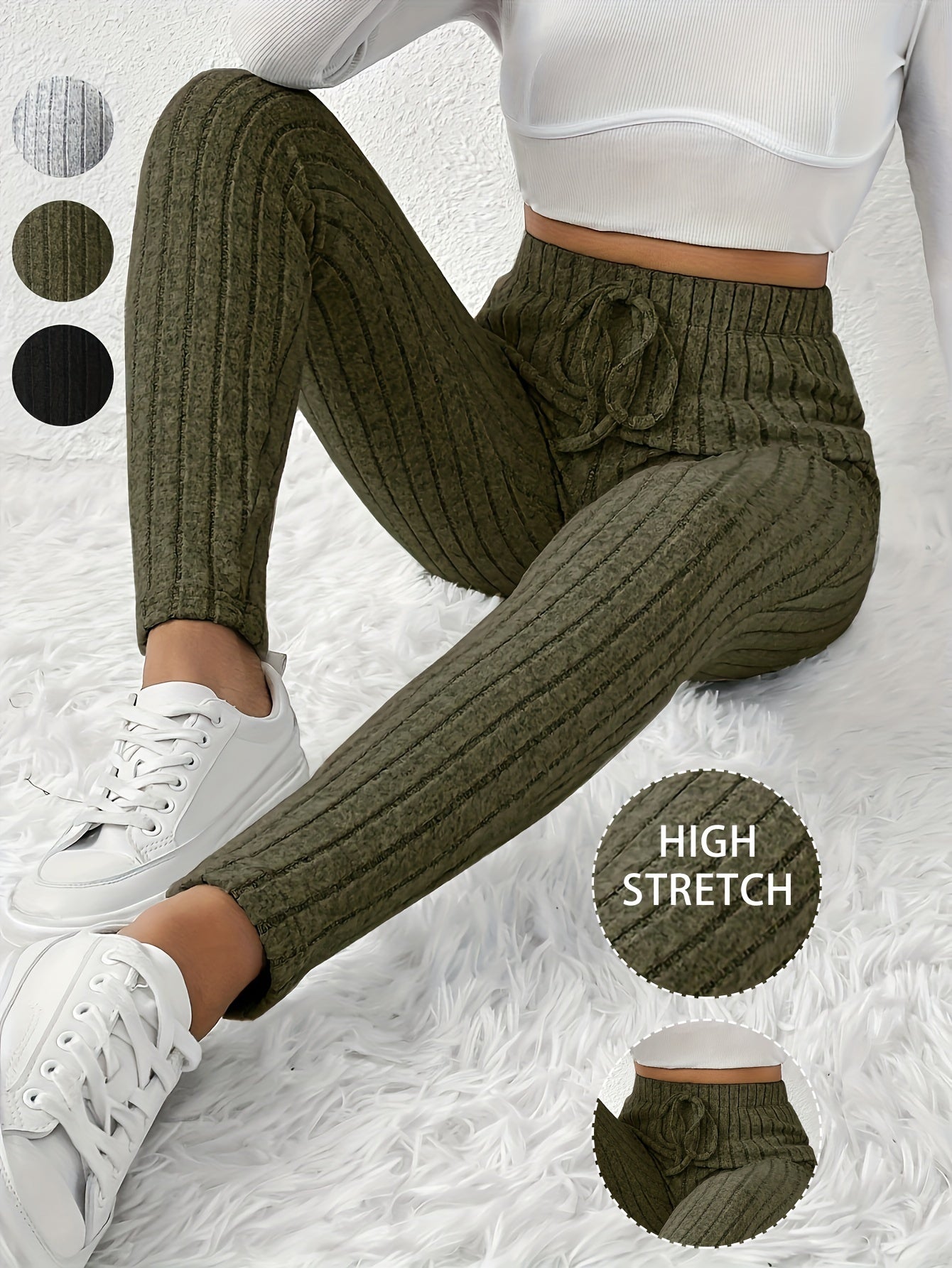 High-Waisted Drawstring Skinny Knitted Pants For Everyday Wear - Solid Color Women's Casual Clothing