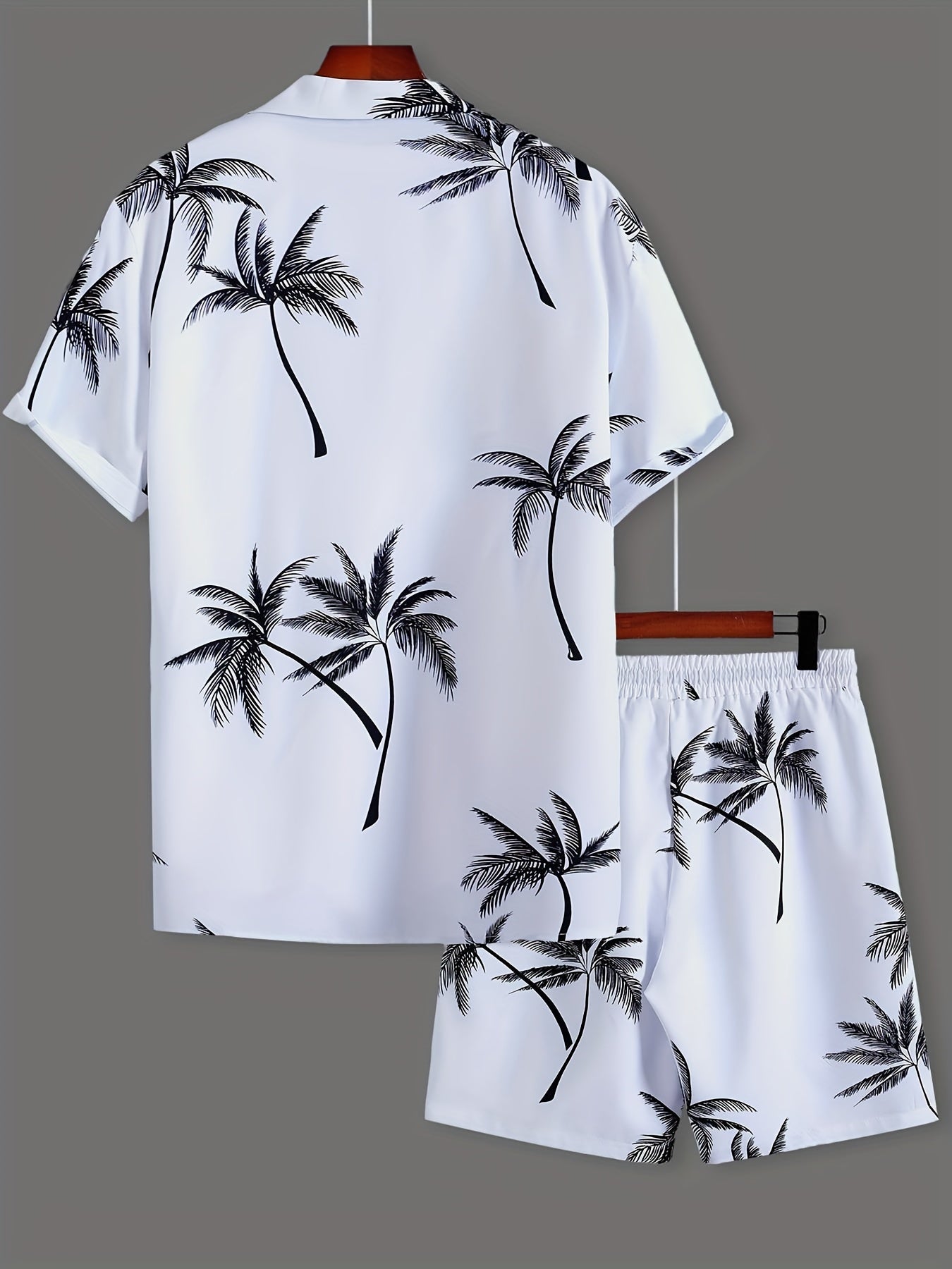 Men'S Summer Tropical Palm Tree Print Pajama Set, Polyester 100% Short Sleeve Shirt & Drawstring Waist Shorts, Vacation Style Lapel Collar, Non-Stretch Woven Fabric, Regular Fit - 120gsm