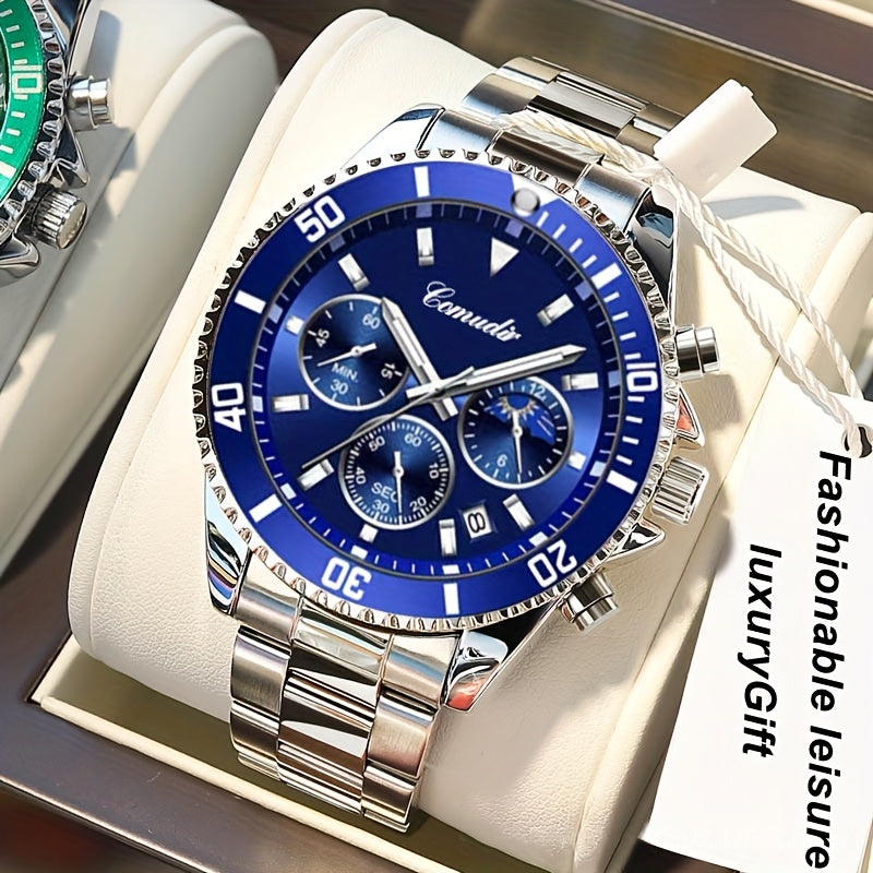 1pc New Fashion Stainless Steel Luxury Quartz Watch, High-end, Casual, Round Dial, Multi-scale, Night Light, Date Display, with Birthday, Holiday, Anniversary, for Men, Travel, Party