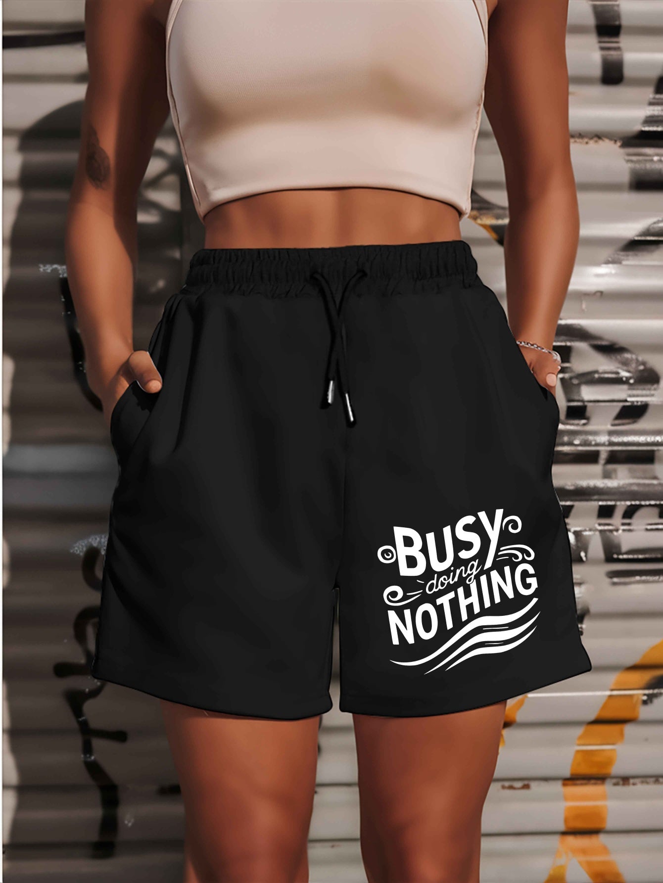 Busy doing nothing 2025 New Plus Size Women'S Shorts Summer Casual Versatile Medium Pants Sports American Trendy Outerwear Extra Large Five-Fifth Pants Summer Beach Pants - Polyester, Casual, Summer, Track Shorts, Slight Stre