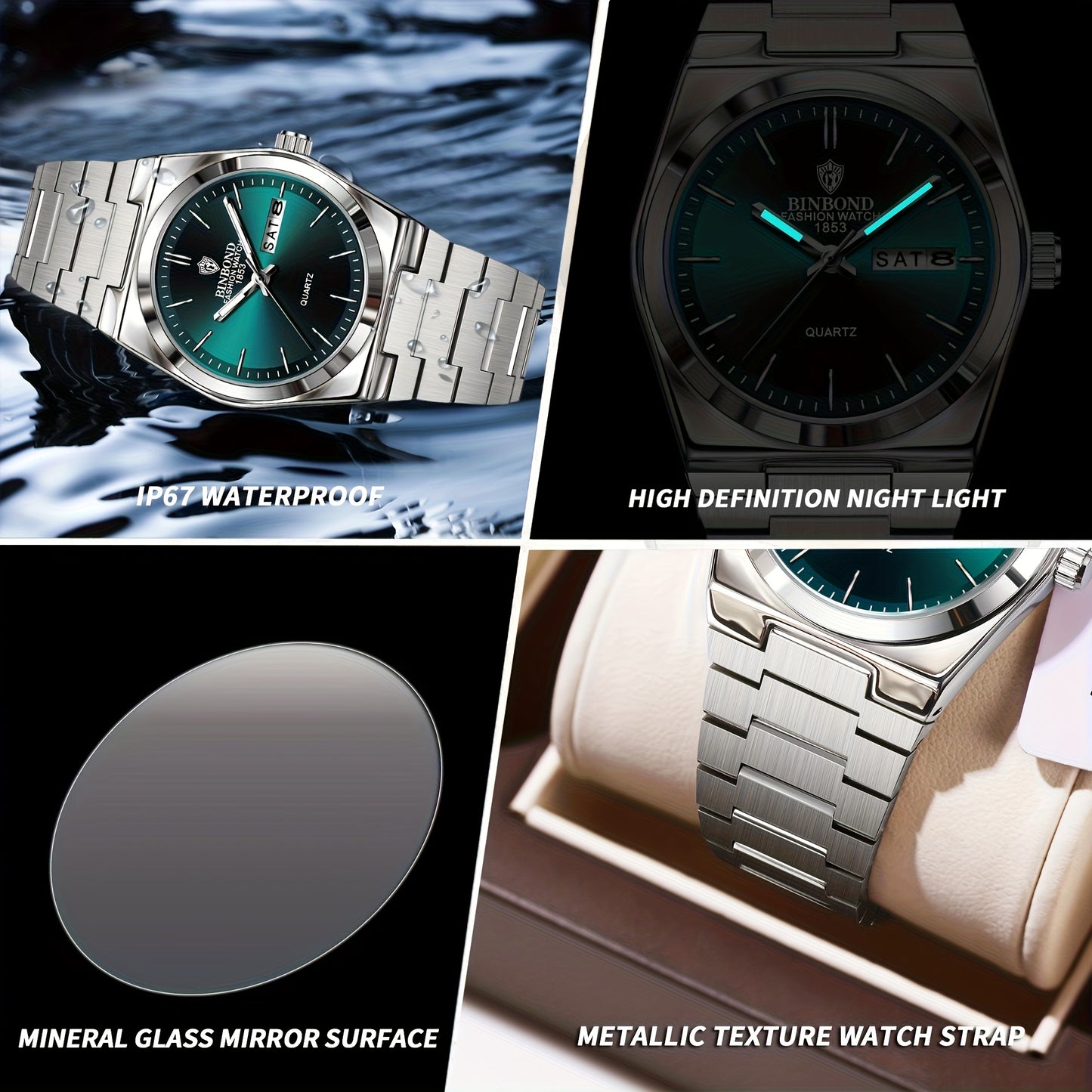 BINBOND Luxury Watch for Woman Ladies Elegant Quartz Watch Luminous Date Week Stainless Steel Women's Watches Clock