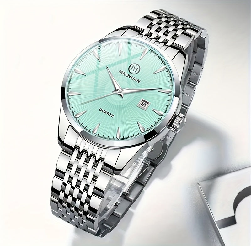 MAOYUAN Men'S Luxury Stainless Steel Quartz Watch with Date Display and Luminescent Hands - Elegant Green Dial, Metal Bracelet, Perfect for Business and Casual Attire, Ideal Gift for Men, Casual Watch | Elegant Watch | Quartz