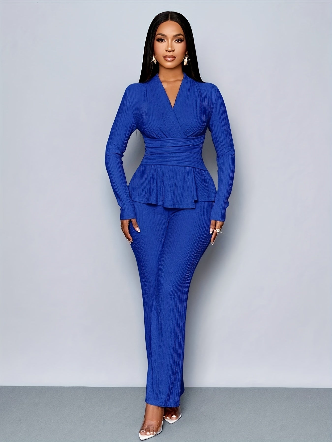 Elegant Women'S V-Neck Long Sleeve Top and Wide Leg Pants Two-Piece Set, Asymmetrical Hem Two-Piece Outfit for Casual Daily Wear, Winter Women'S Clothing