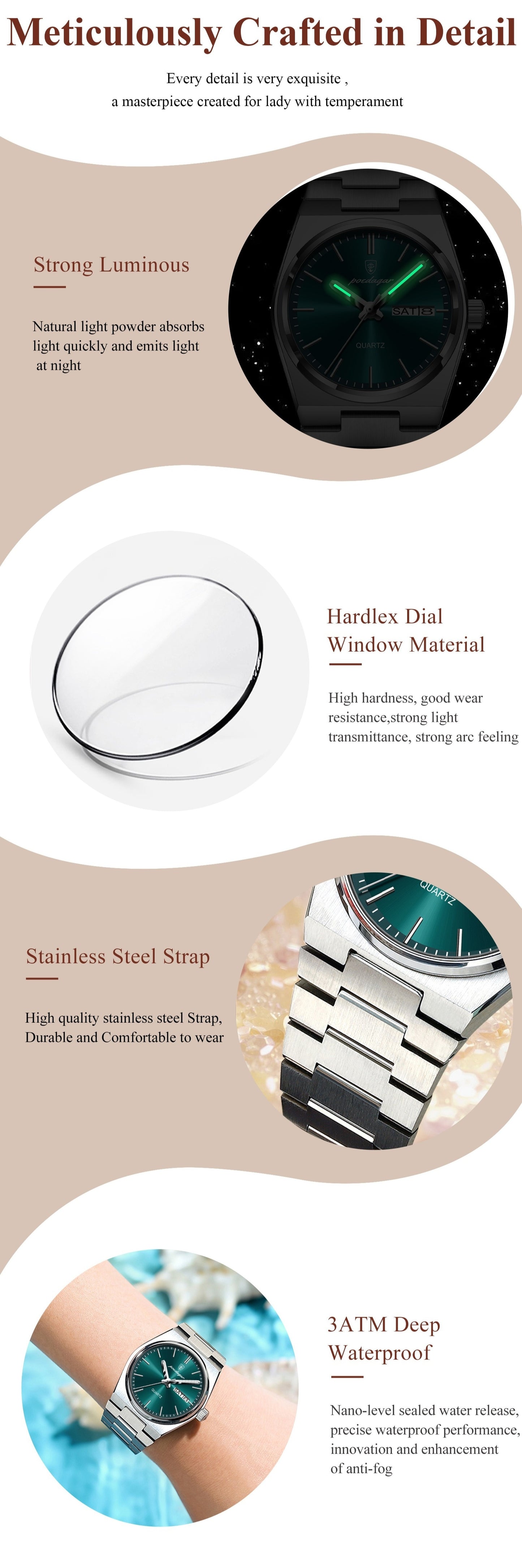 Berda Tomato Hot Selling Trendy Youth Elegant Korean Style Ladies Watch with Night Light Calendar Stainless Steel Quartz Watch