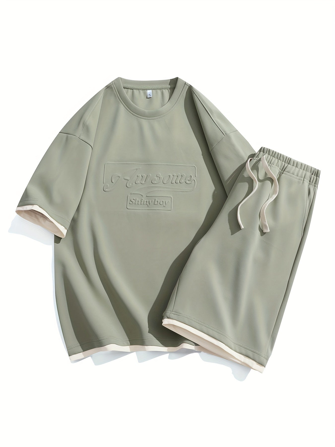 Men's Casual Fashion Sportswear Set - Light Gray "DREAMS" Print T-Shirt & Shorts, 100% Polyester, Machine Washable, Summer Outfit