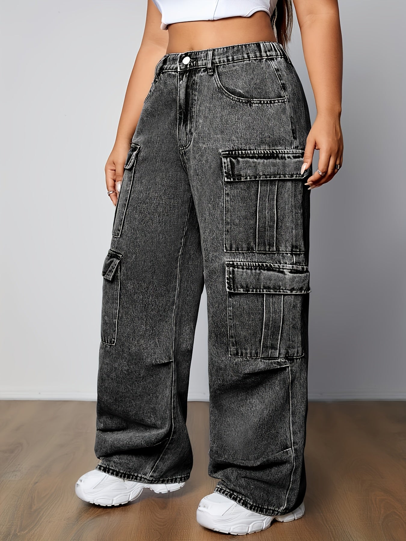 Women's Plus Size Casual Cargo Jeans with Multiple Pockets - High-Rise, Loose Fit Denim in Black, Light Blue & White, Perfect for Casual Attire, Casual Denim Wear | Utility Style Pants | Smooth Texture Jeans