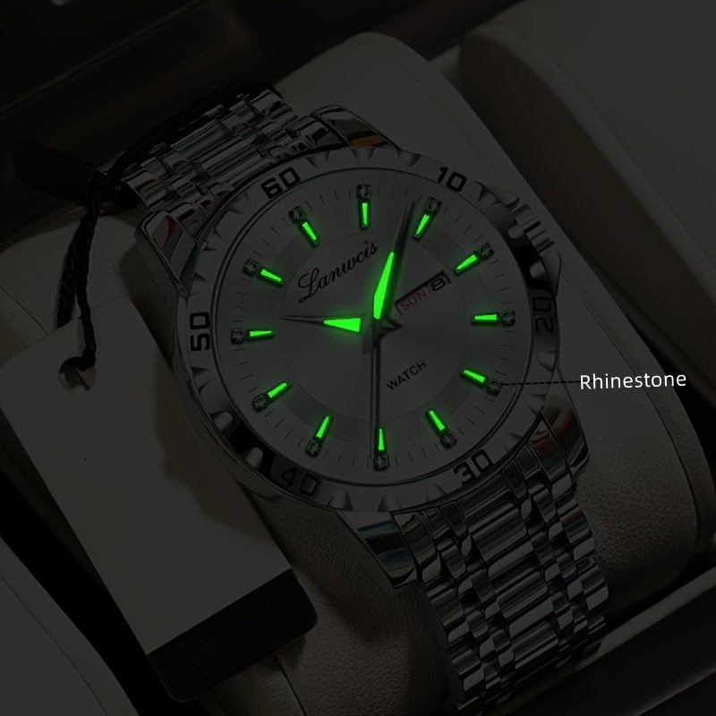 1pc Men's Business Style Stainless Steel Strap Watch - IPX7 Waterproof, Luminous Hands & Dial, Calendar & Week Display, Quartz Movement, Travel Leisure Sports Watch with Gift Box, Luxury Wristwatch | Sleek Metallic Finish | D