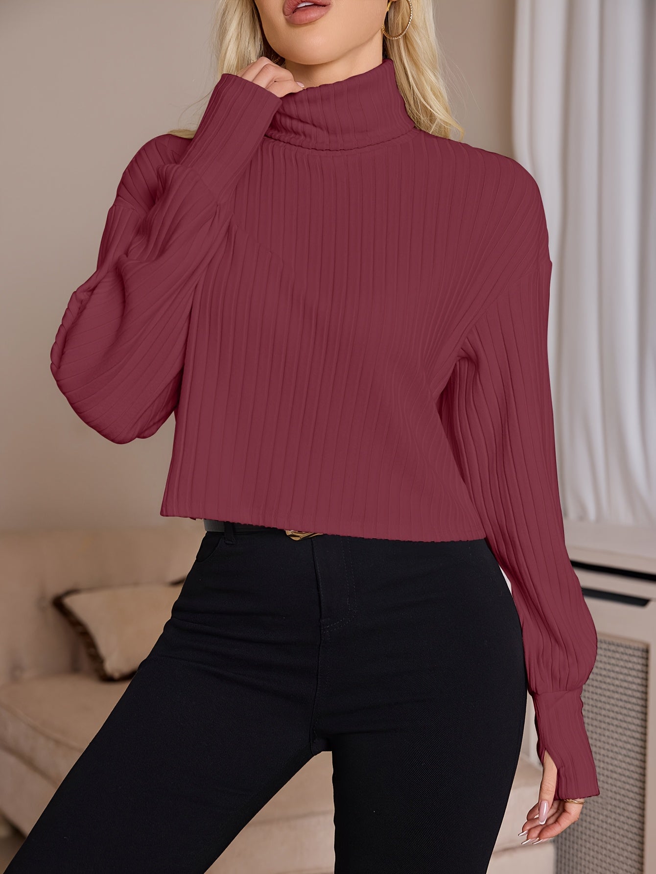 Women'S High Neck Knit Turtleneck T-Shirt, Solid Color Polyester 95% Spandex 5% Blend, Short Length, Fall/Winter Collection, 210g/m² Knit Fabric