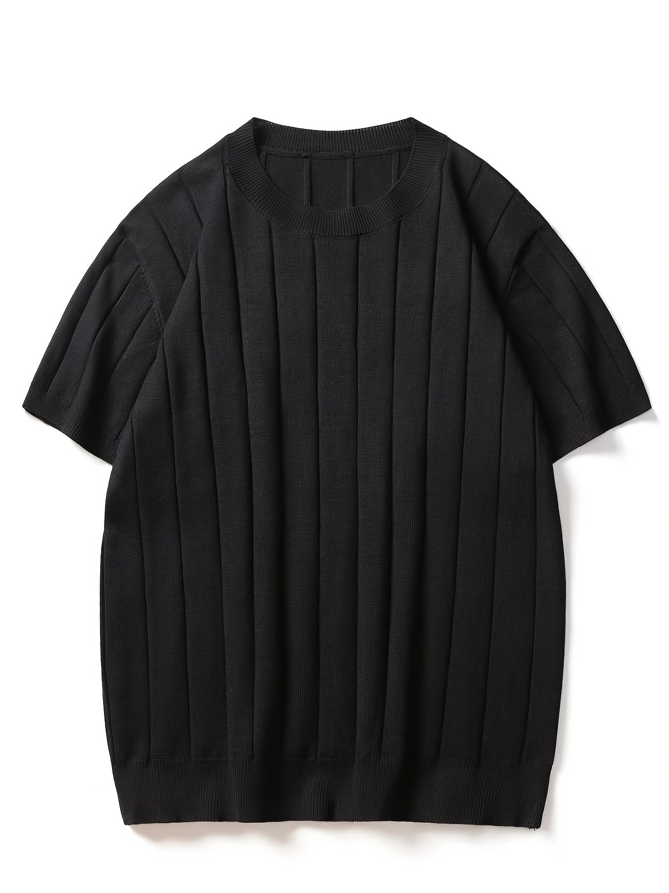 Men's Slim Fit Striped Textured Knit Crew Neck T-Shirt - High Elasticity Short Sleeve Casual Top for Spring/Autumn, Breathable Daily Leisurewear, Spring Fashion, Classic Style, Durable Construction, Pullover Shirt, Stylish Me