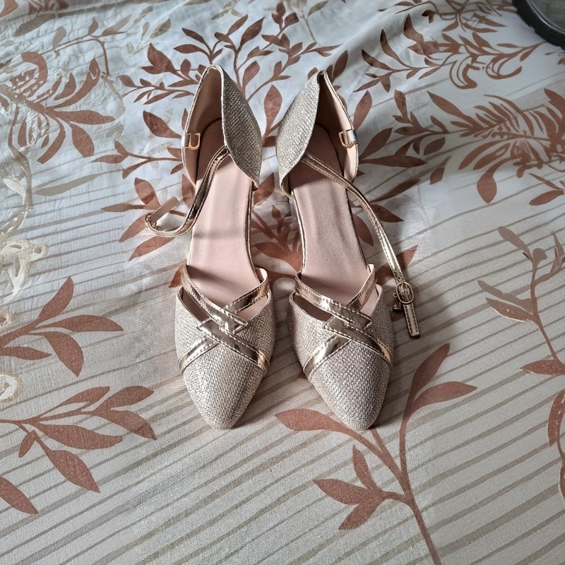 Women's Elegant Beige Pointed-Toe High Heel Pumps - Comfortable Block Heel Wedding & Party Shoes with Golden-Tone Straps, Breathable Fabric Upper & Cushioned PU Lining for Spring/Summer, Shoes for Wedding, Formal Footwear, So