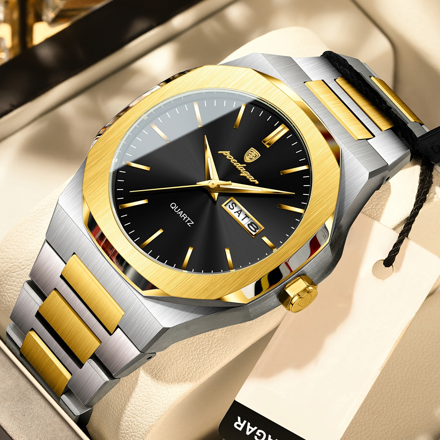 POEDAGAR Men'S Luxury Quartz Watch - Waterproof, Luminous Calendar, Stainless Steel Band, Business Style, Blue & Golden Accents, 3ATM, Non-Rechargeable Button Battery, Perfect for Spring Festival & Valentine'S Day Gifts