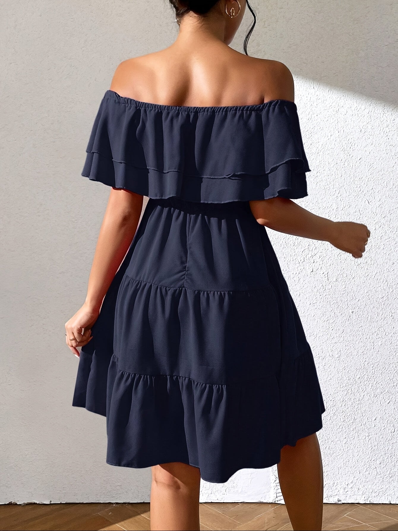 Կանացի «Off the Shoulder Ruffle» Casual զգեստ, պոլիեսթեր 100%, միաձույլ, կահավորված, հյուսված, բոլոր սեզոնների համար