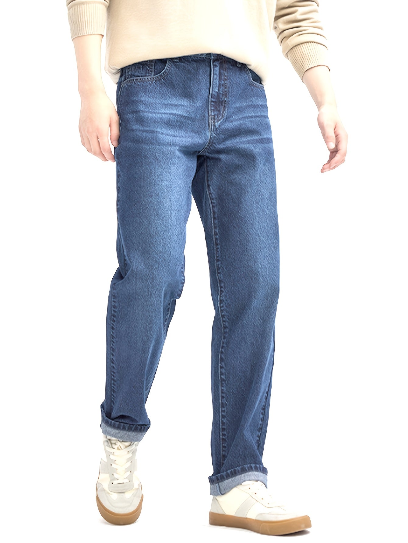 Men's Classic Straight-Leg Casual Jeans - Cotton Blend, Machine Washable, Non-Stretch Denim for All Seasons