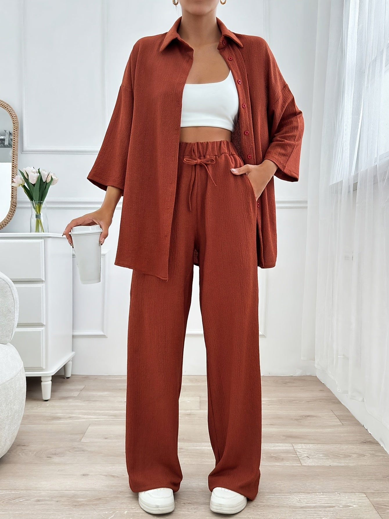 Women'S Elegant Two-Piece Beige Casual Suit - Cropped Top & Wide-Leg Pants with Pockets, Perfect for All Seasons, Stylish Home Attire|Casual Attire|Pocketed Pants