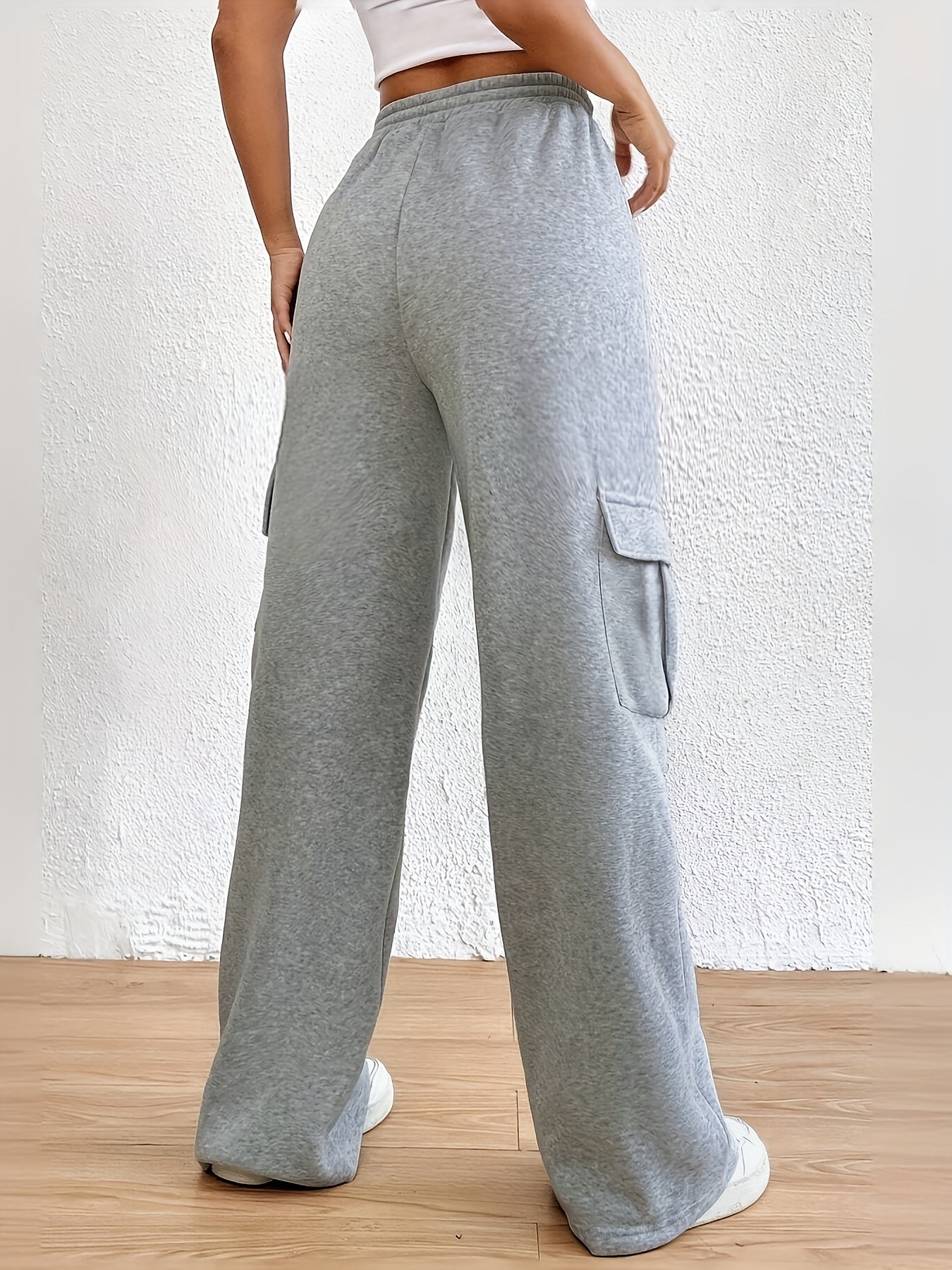 Women's Casual Jogger Pants with Elastic Waist & Side Zipper Pockets - Heather Grey Wide-Leg Lounge Pants, Fold-Over Cuffs, Machine Washable for Spring/Fall, Relaxed Fit Pants | Wideleg Joggers | Soft Fabric Pants
